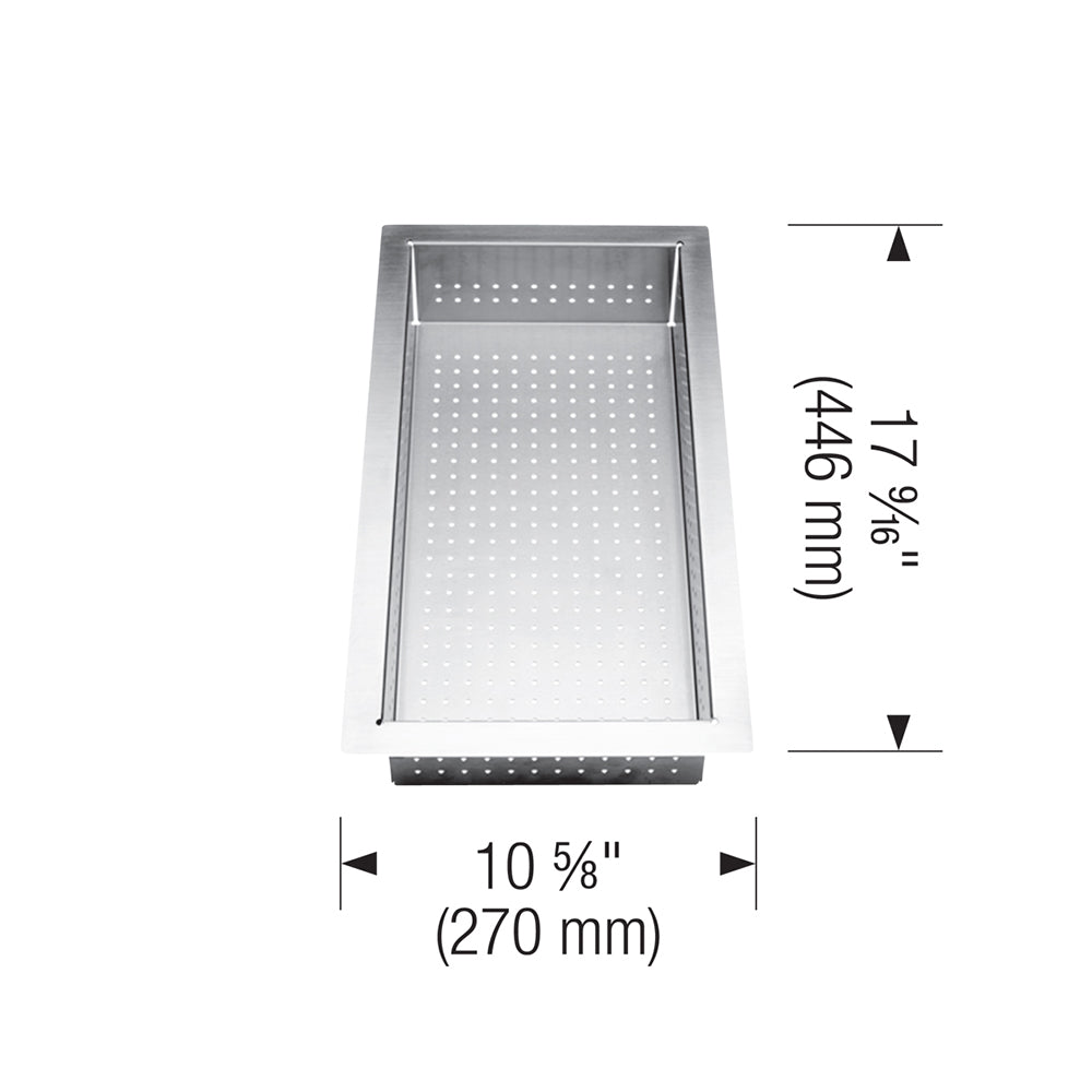Stainless steel rectangular colander with perforated surface and side handles, measuring 10 5/8" wide by 17 5/8" deep.