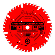 Freud 8" thin kerf combination saw blade with 40 teeth, silver-tipped teeth, and 5/8" arbor hole on red body.