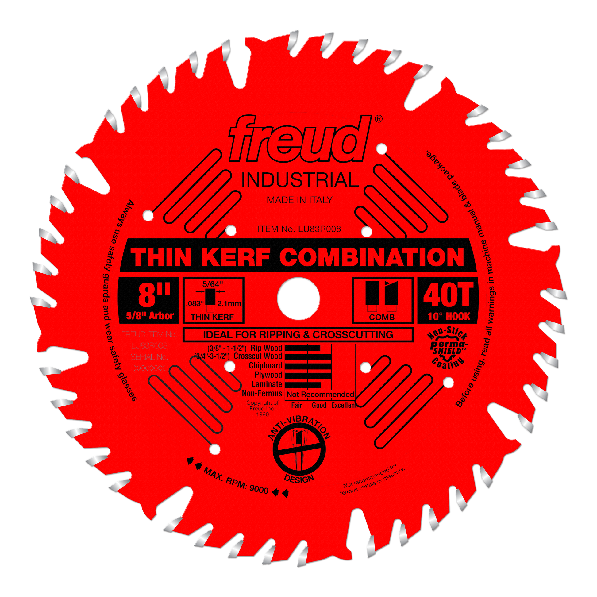 Freud 8" thin kerf combination saw blade with 40 teeth, silver-tipped teeth, and 5/8" arbor hole on red body.