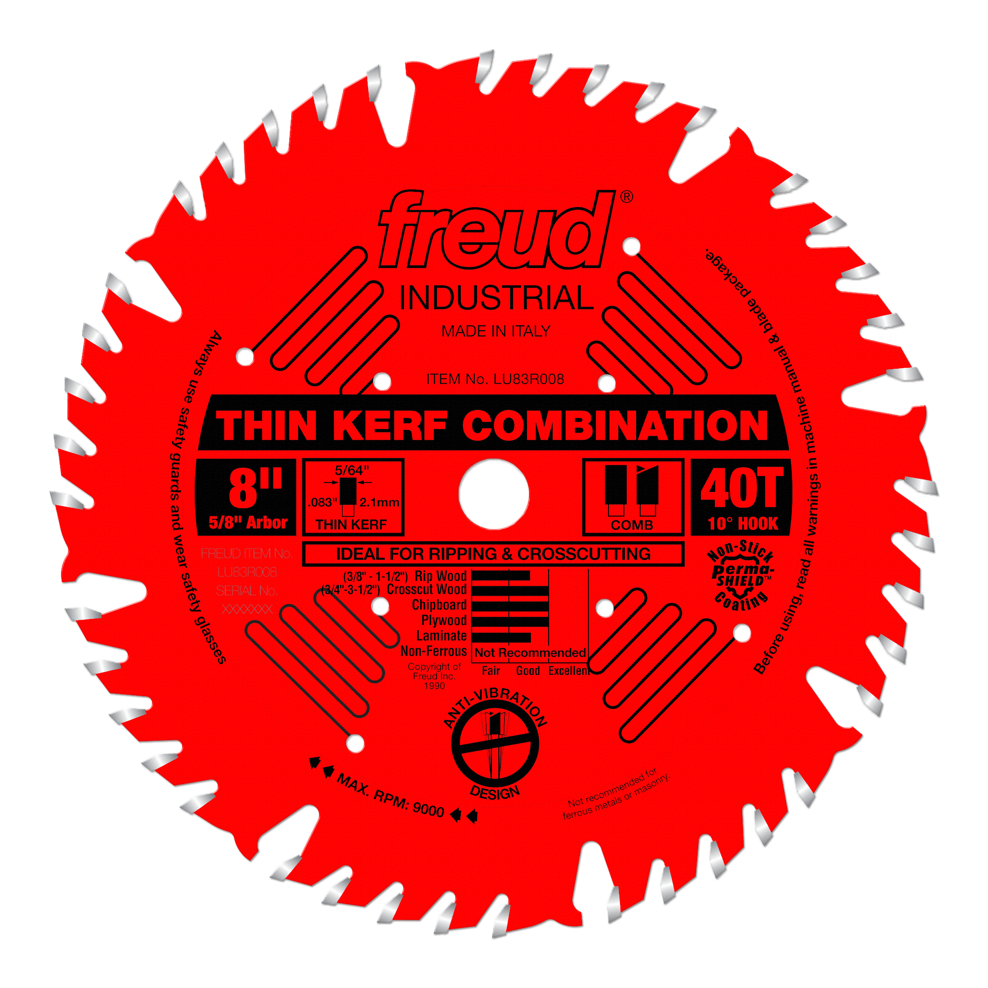 Freud 8" thin kerf combination saw blade with 40 teeth, silver-tipped teeth, and 5/8" arbor hole on red body.