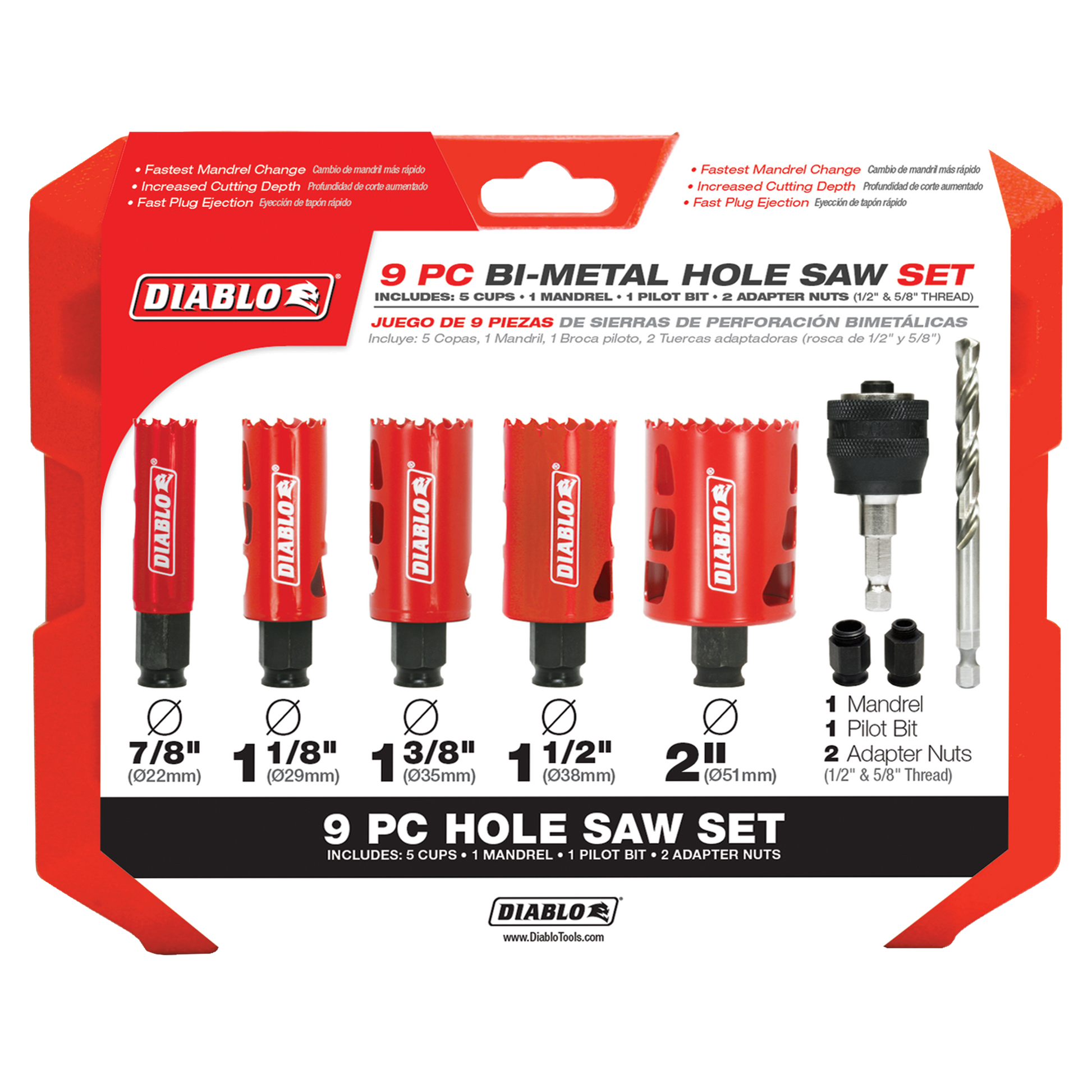 9 pc bi-metal hole saw set with five red cups (7/8" to 2"), mandrel, pilot bit, and two adapter nuts in red packaging.