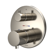Polished nickel round shower valve trim with dual cylindrical handles and temperature-volume controls.