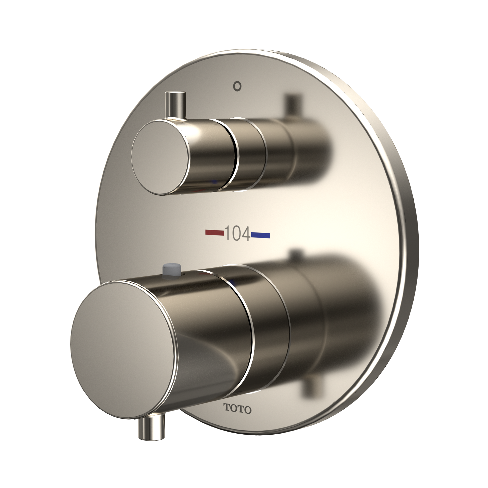 Polished nickel round shower valve trim with dual cylindrical handles and temperature-volume controls.