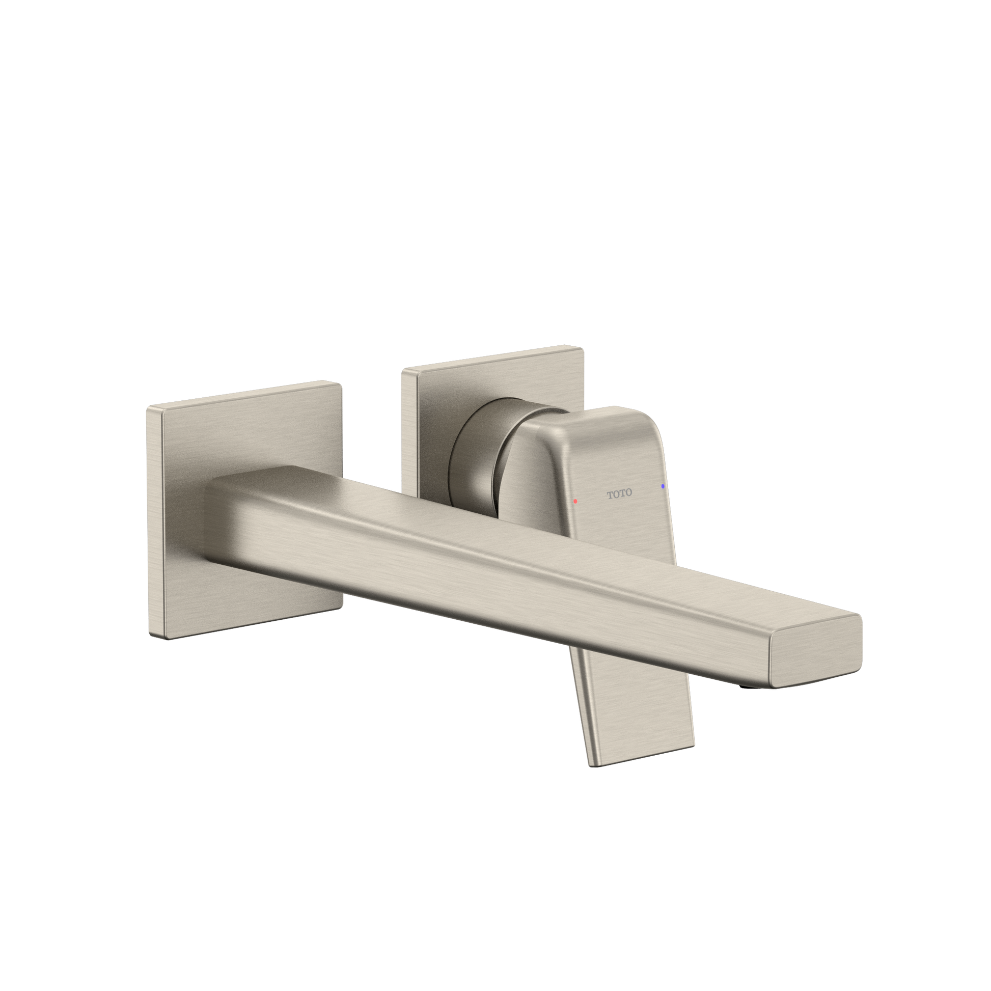 Brushed nickel wall-mount bathroom faucet with single handle lever and elongated spout.