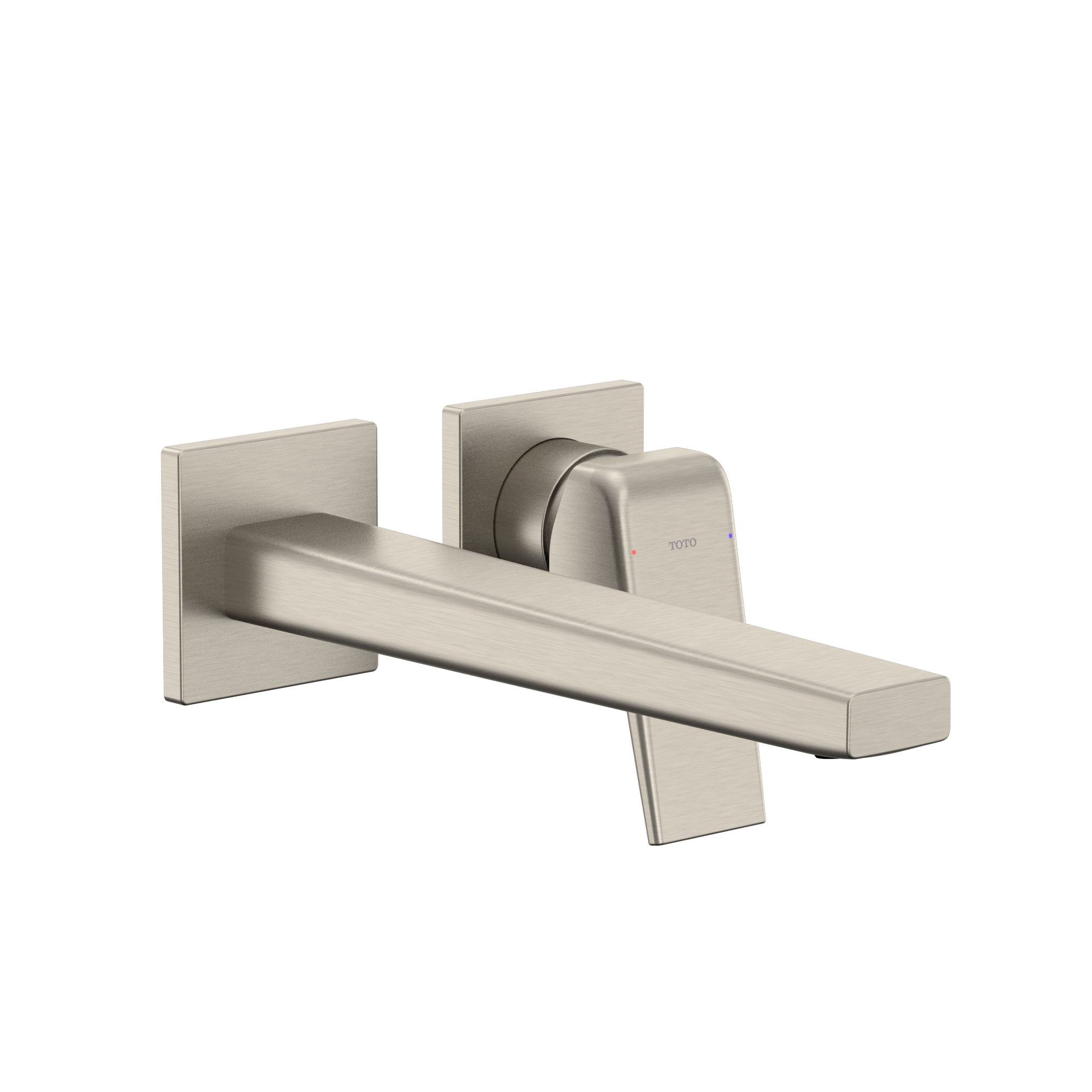 Brushed nickel wall-mount bathroom faucet with single handle lever and elongated spout.