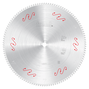 Silver circular saw blade with carbide-tipped teeth around the edge and red wavy markings on the face.