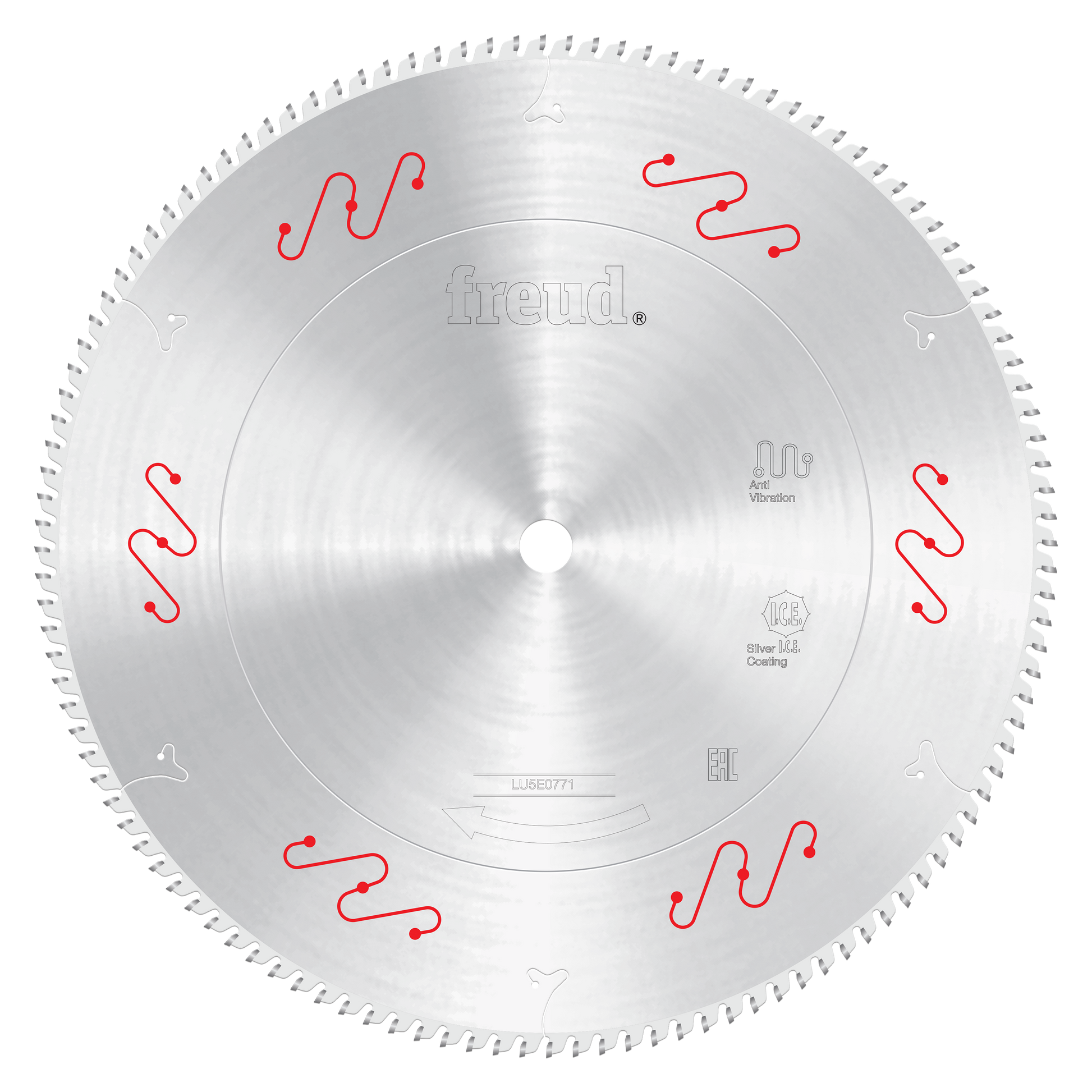 Silver circular saw blade with carbide-tipped teeth around the edge and red wavy markings on the face.