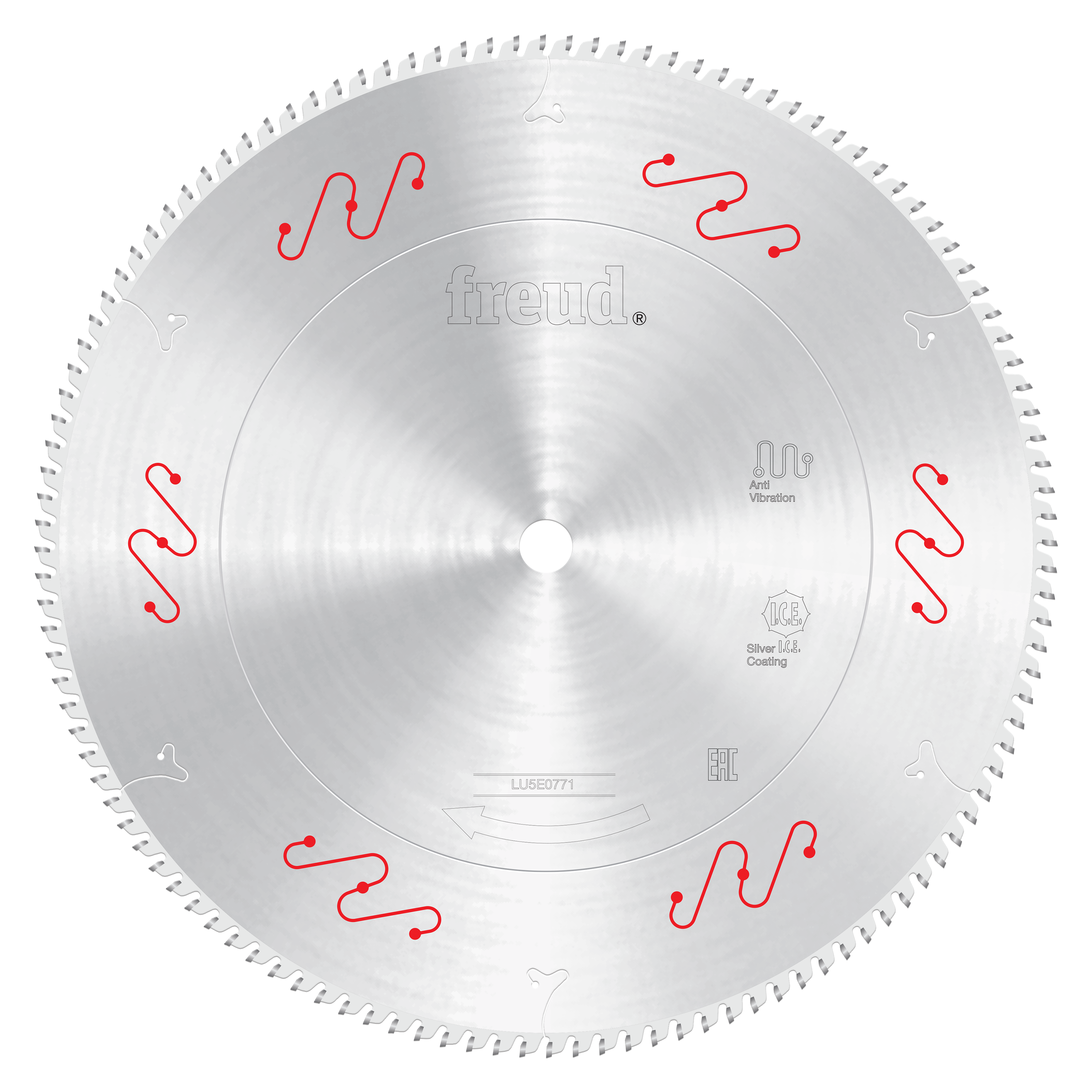 Silver circular saw blade with carbide-tipped teeth around the edge and red wavy markings on the face.