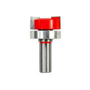 Mortising bit with red body, metal collar, and steel shank with flat edges at top.
