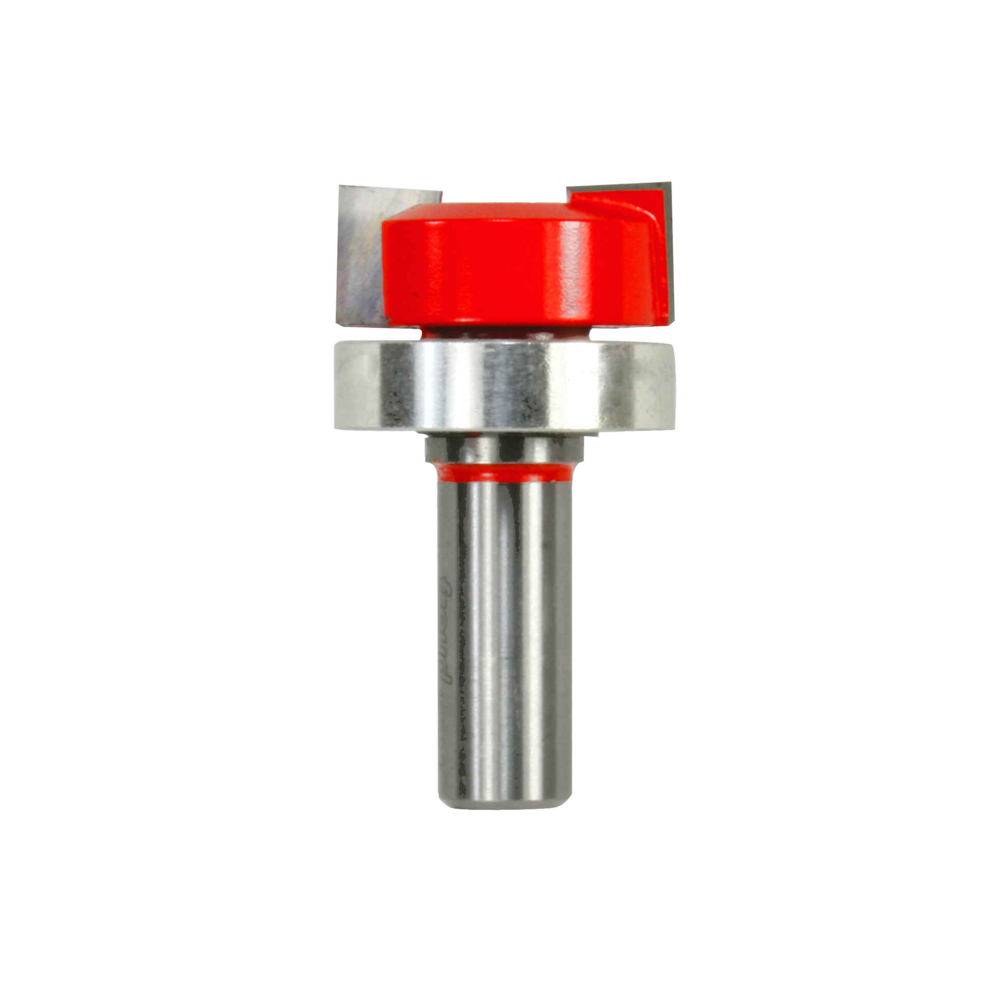 Mortising bit with red body, metal collar, and steel shank with flat edges at top.