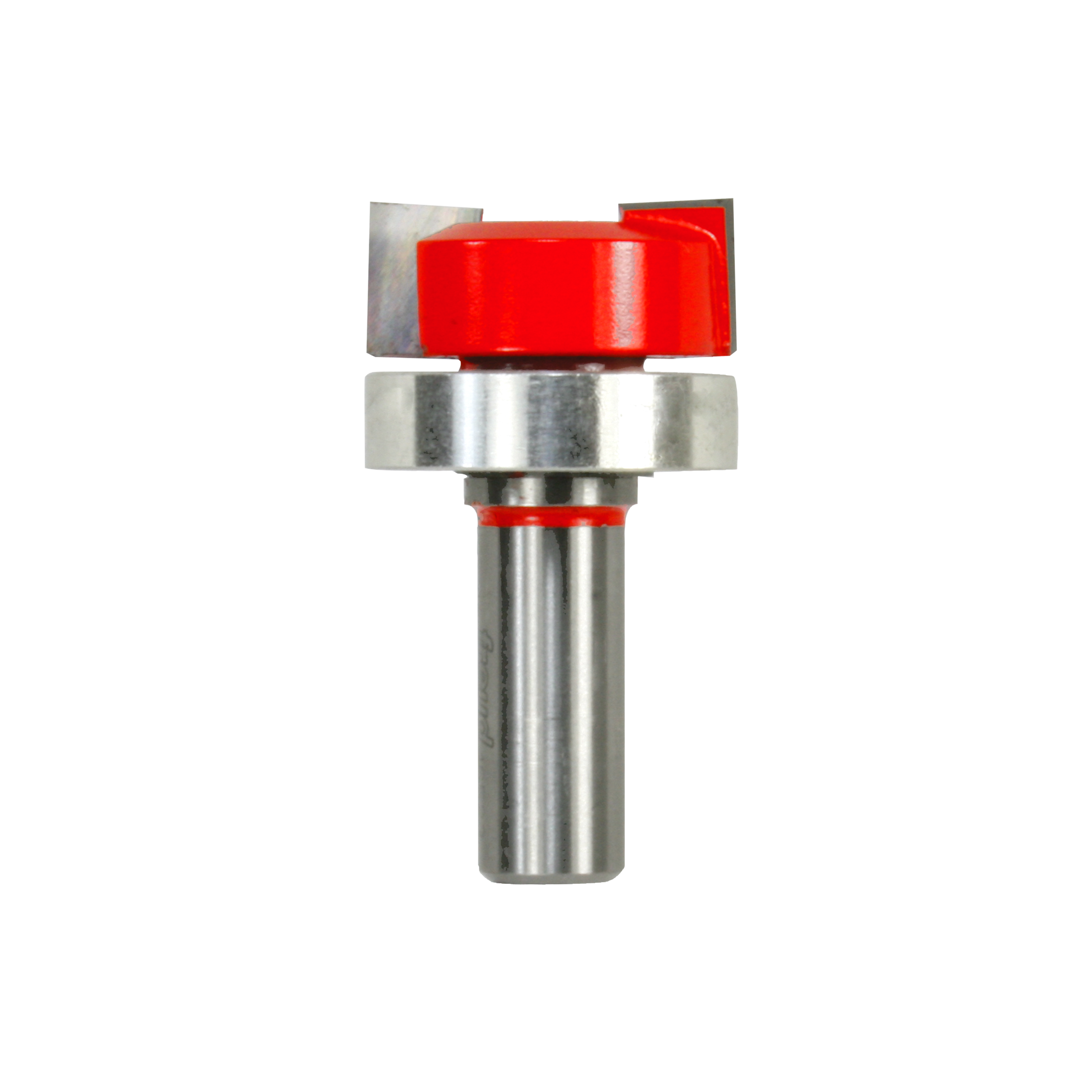 Mortising bit with red body, metal collar, and steel shank with flat edges at top.