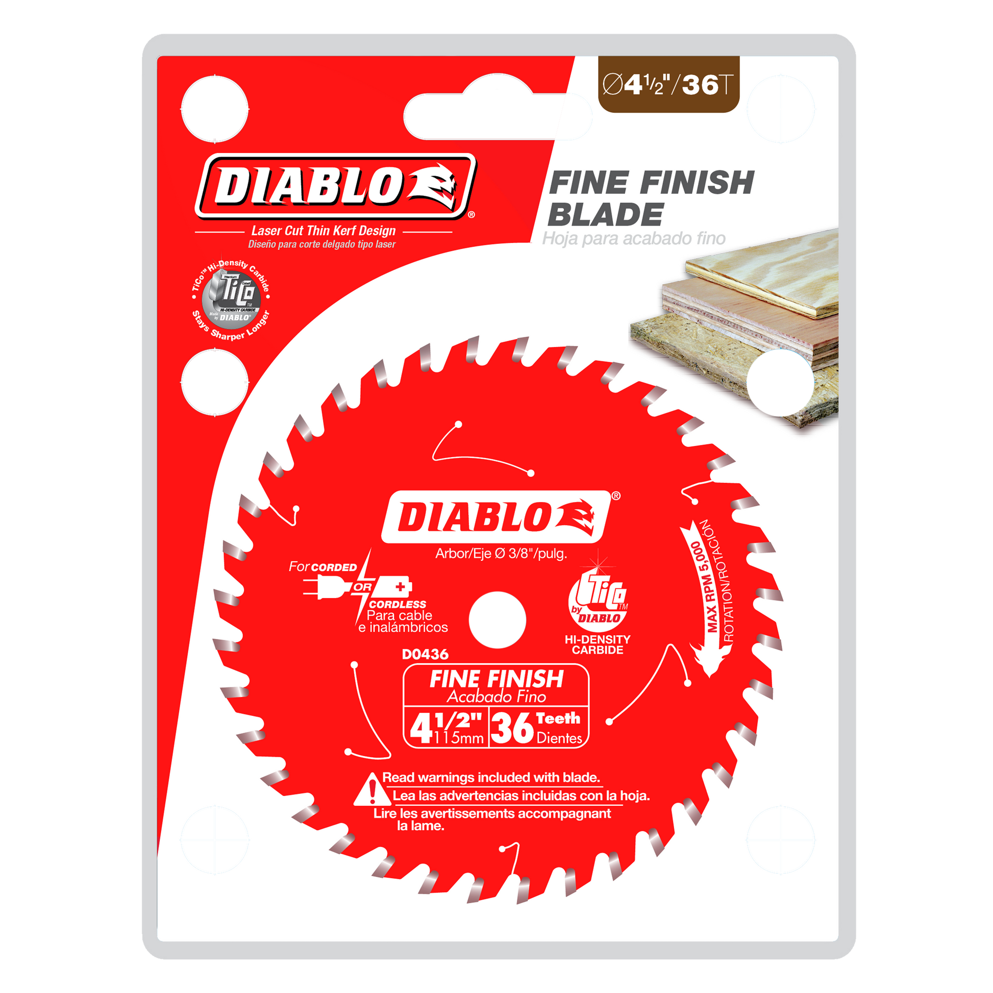 Red circular saw blade with 36 teeth, 4-1/2 inch diameter, mounted on retail packaging with Diablo branding.