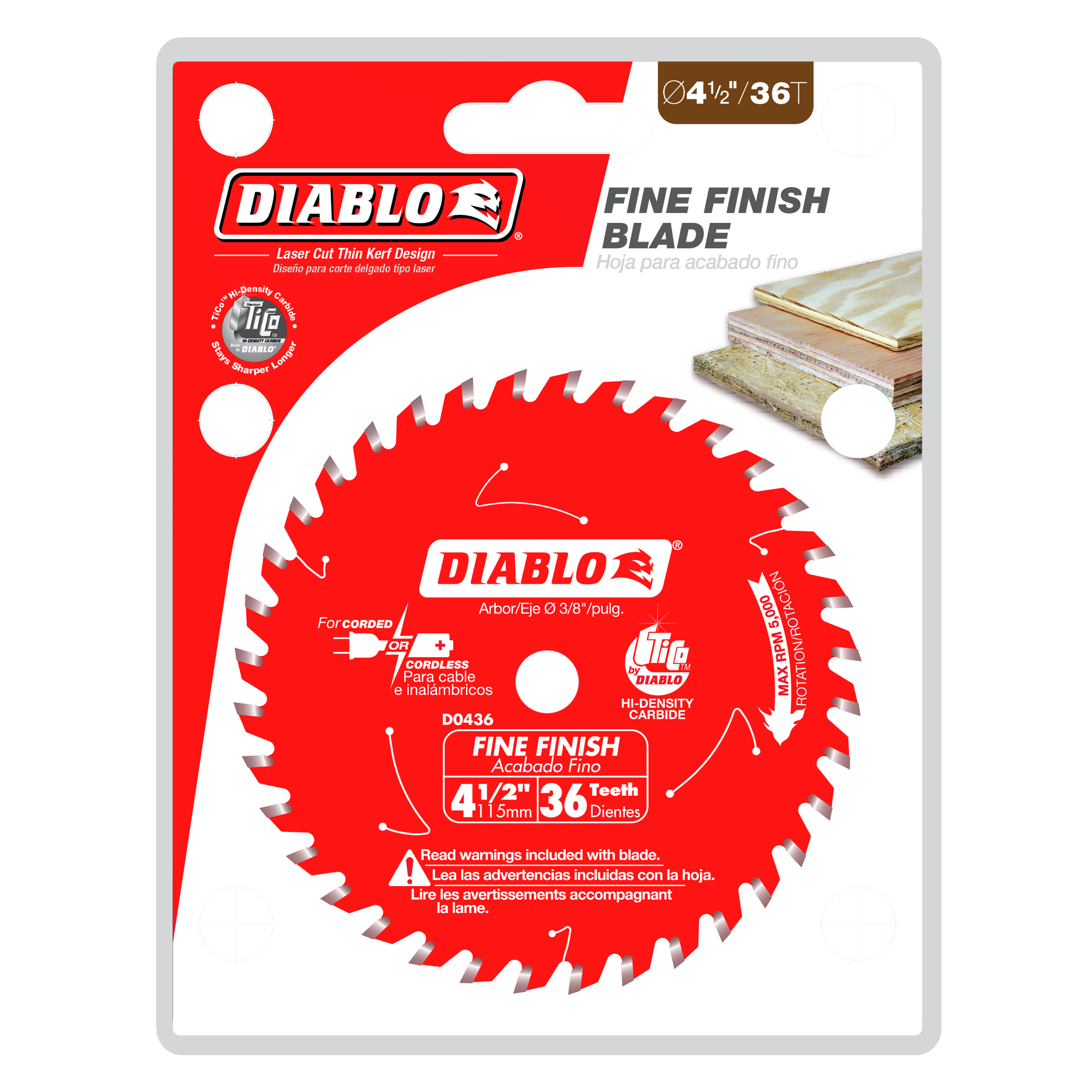 Red circular saw blade with 36 teeth, 4-1/2 inch diameter, mounted on retail packaging with Diablo branding.