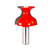 Red router bit with rounded base profile, concave sides, and cylindrical steel shank.