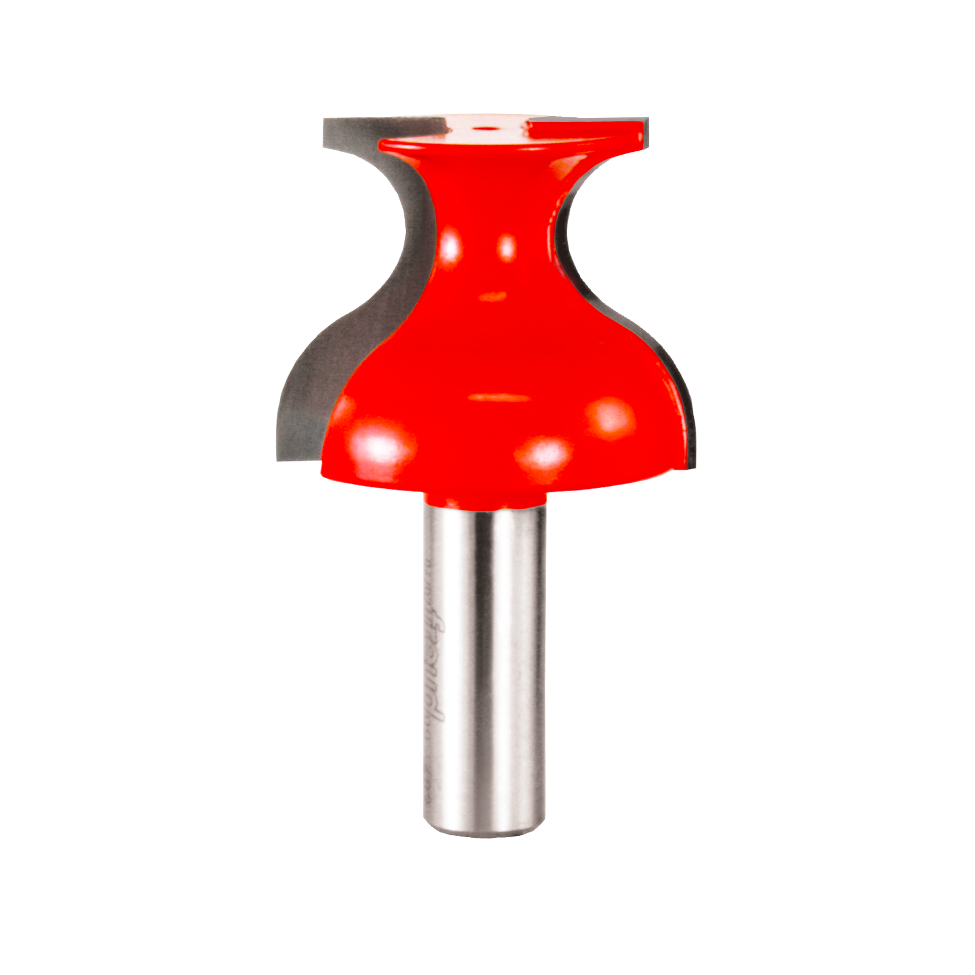 Red router bit with rounded base profile, concave sides, and cylindrical steel shank.