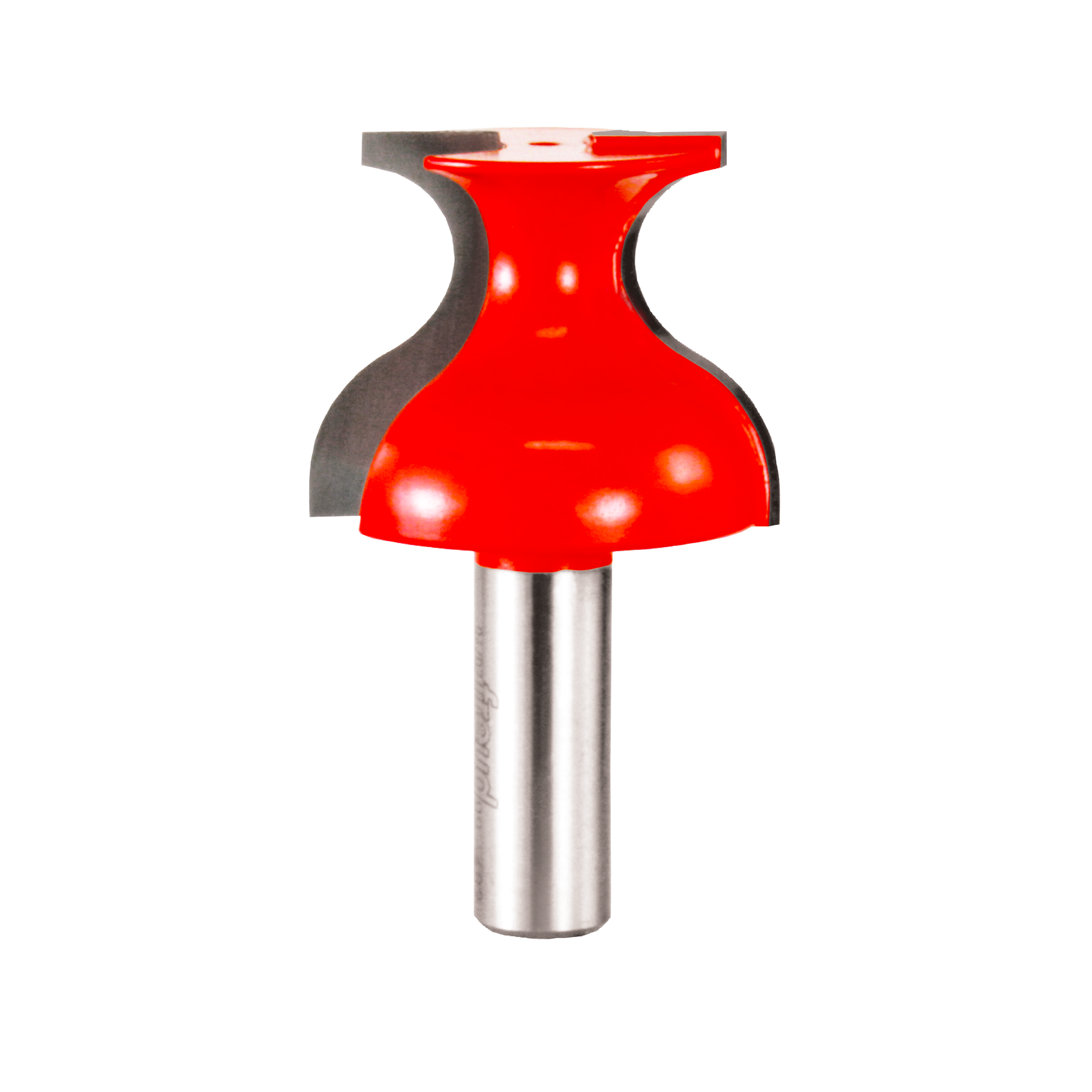 Red router bit with rounded base profile, concave sides, and cylindrical steel shank.