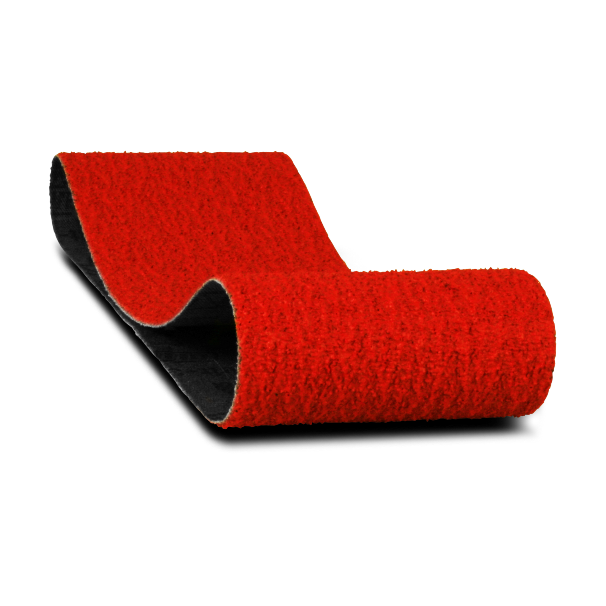 Two red sanding belts with black backing, cylindrical and flat configurations.