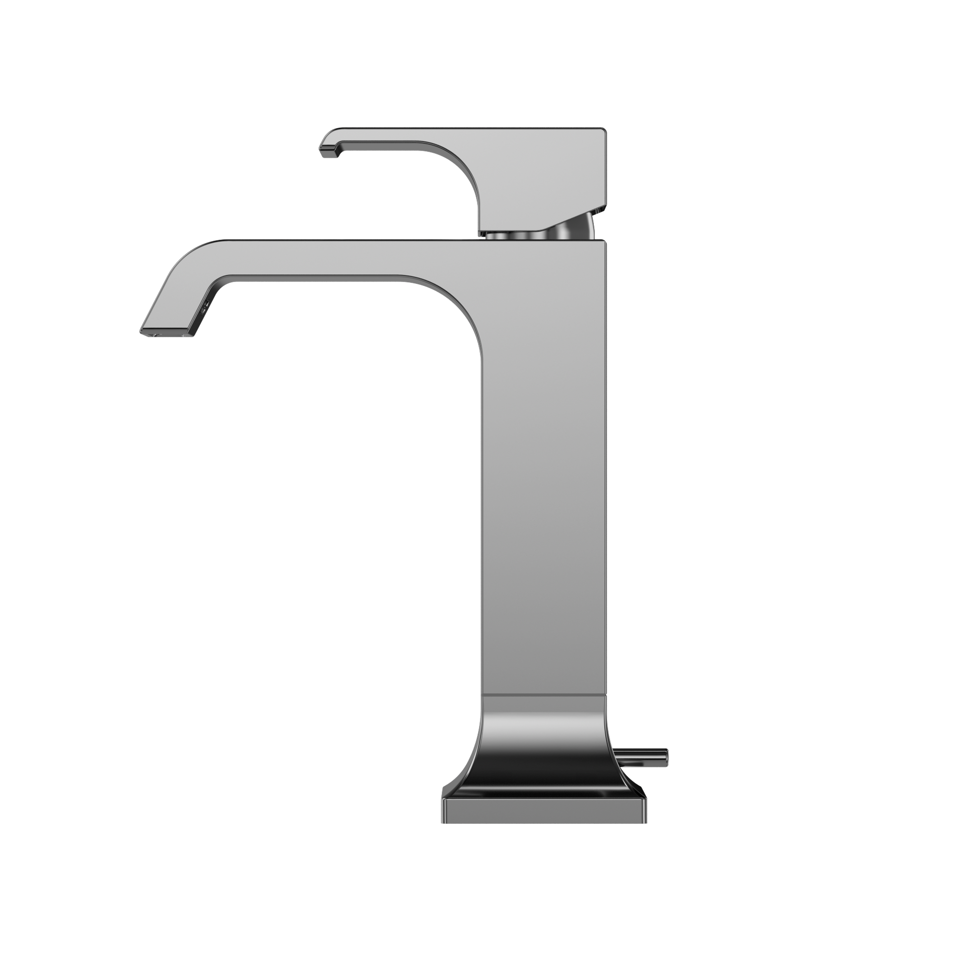 Polished chrome single-handle bathroom sink faucet with curved spout and rectangular base.