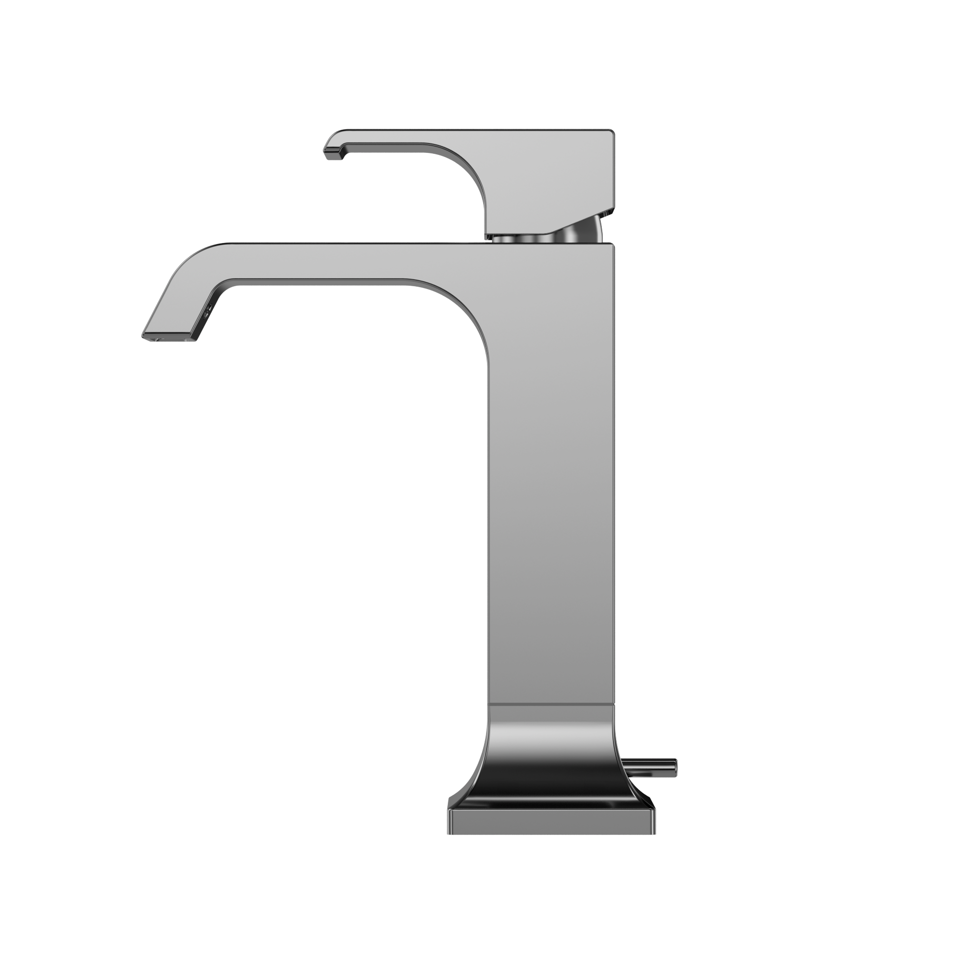 Polished chrome single-handle bathroom sink faucet with curved spout and rectangular base.