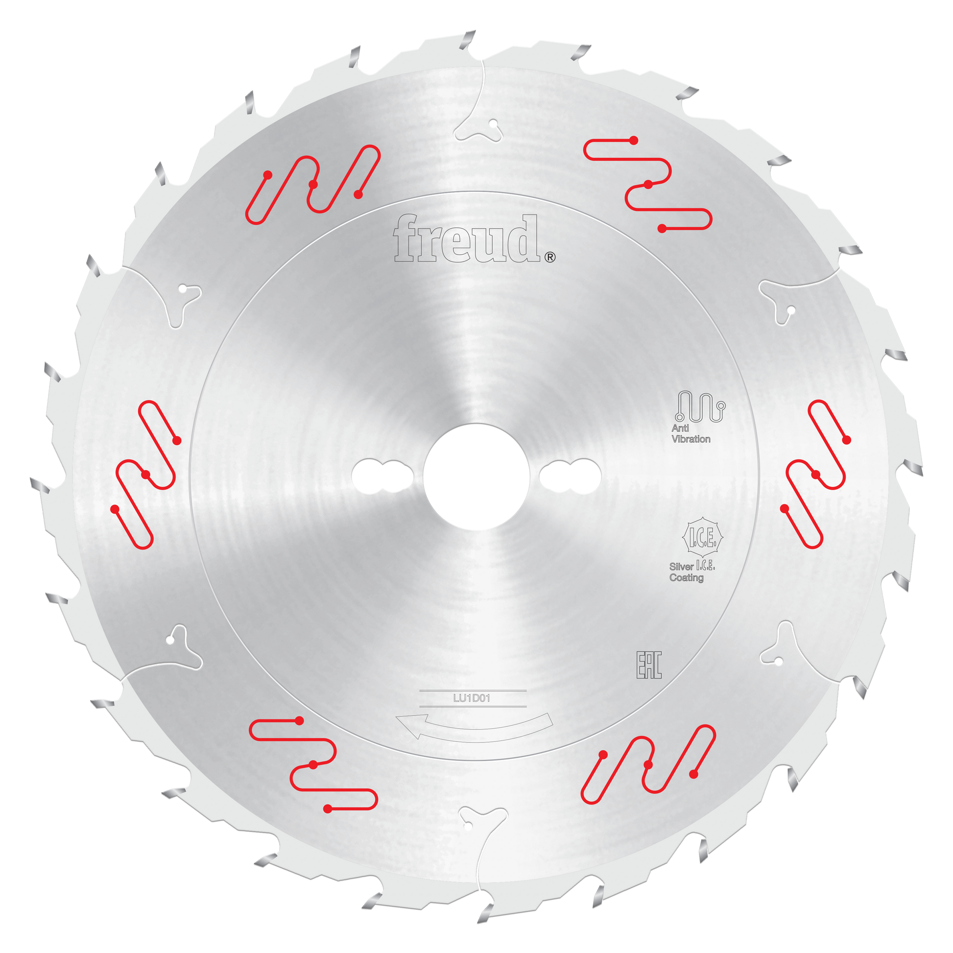 Circular saw blade with carbide-tipped teeth around perimeter, central mounting hole, and red vibration reduction markings on