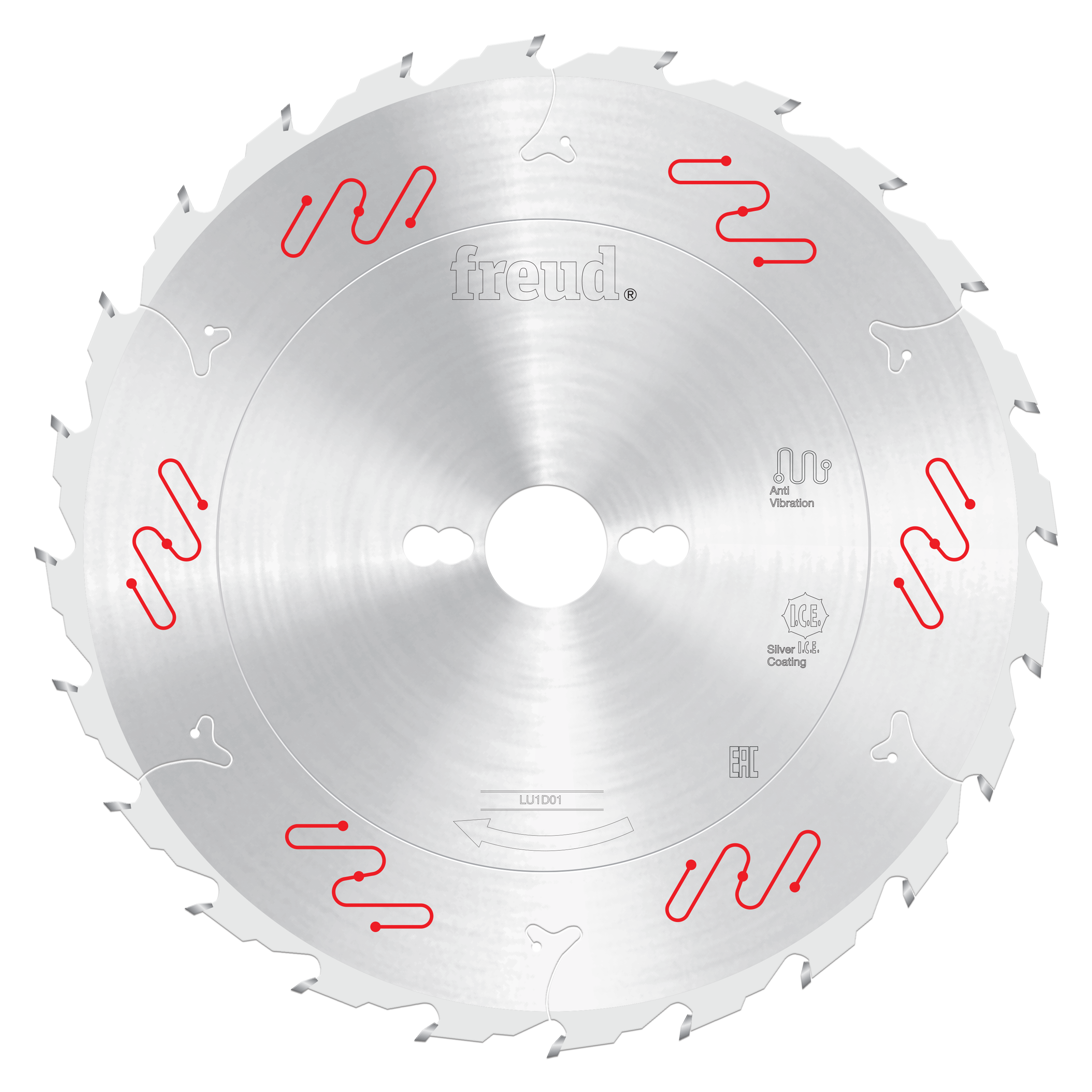 Circular saw blade with carbide-tipped teeth around perimeter, central mounting hole, and red vibration reduction markings on