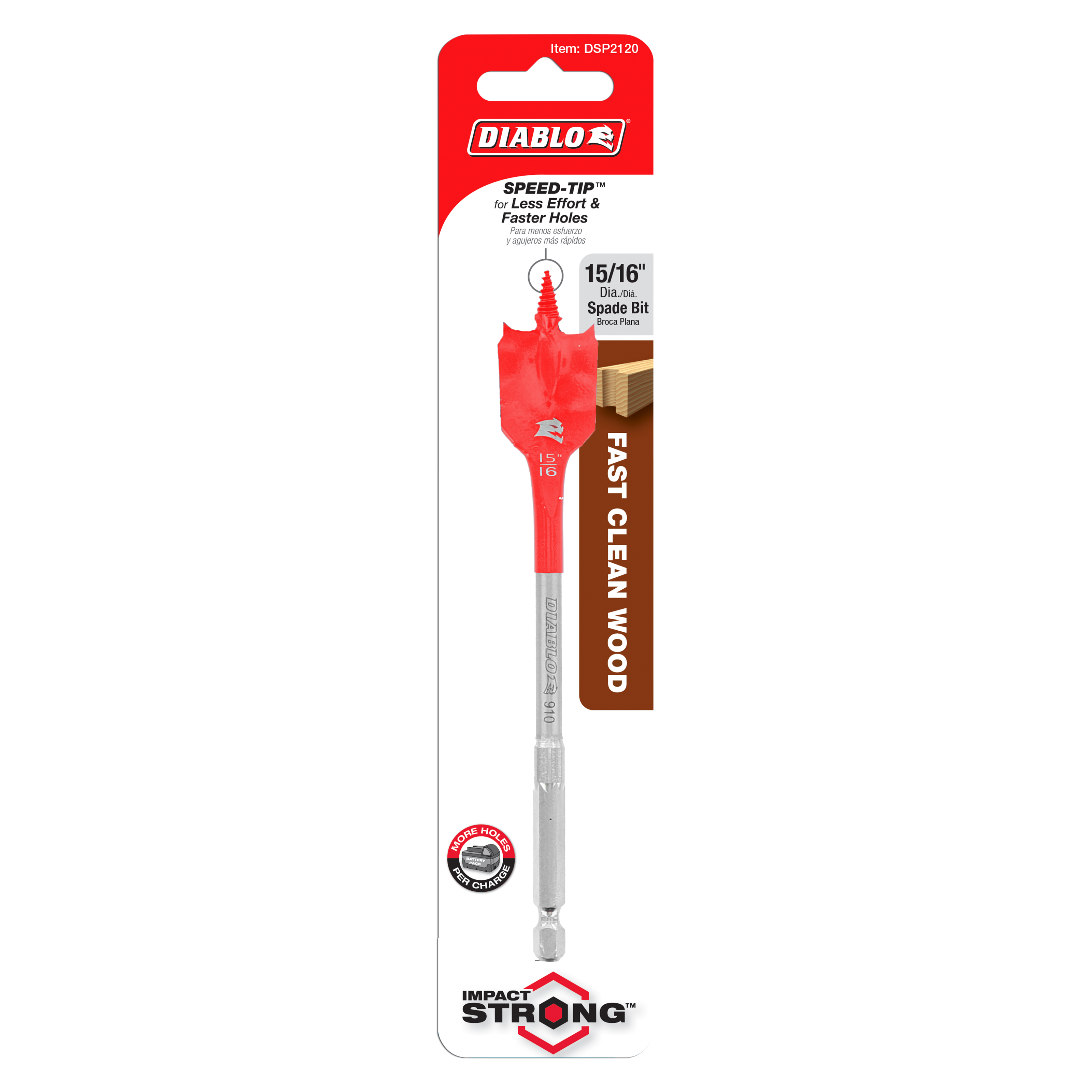 Red and gray Diablo spade bit with 15/16 inch diameter head on packaging card.