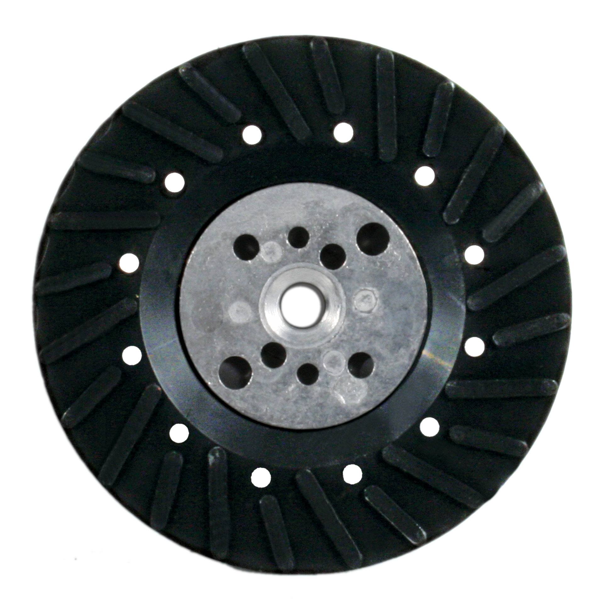 Black rubber backing pad with metal center plate and white mounting holes around perimeter.