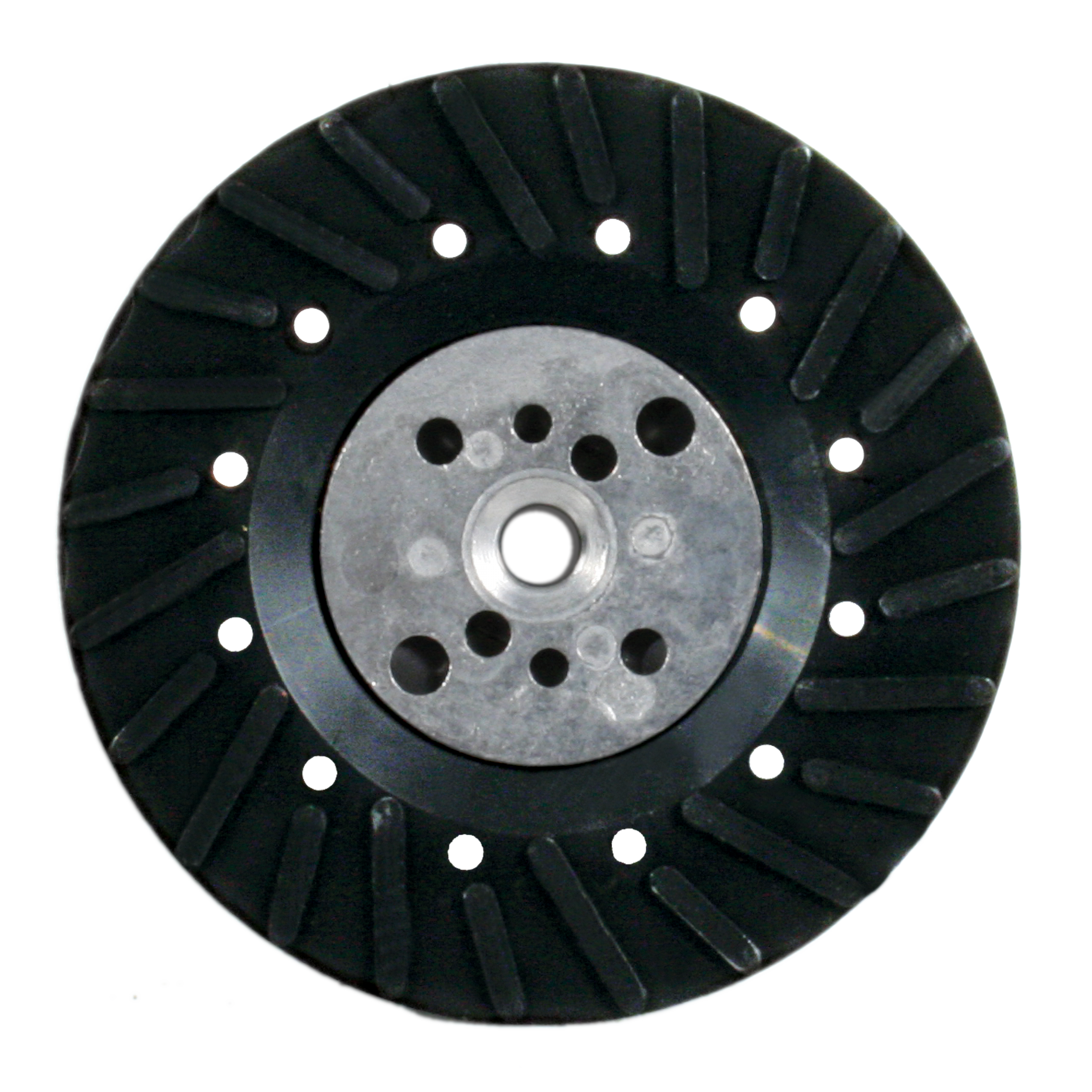 Black rubber backing pad with metal center plate and white mounting holes around perimeter.