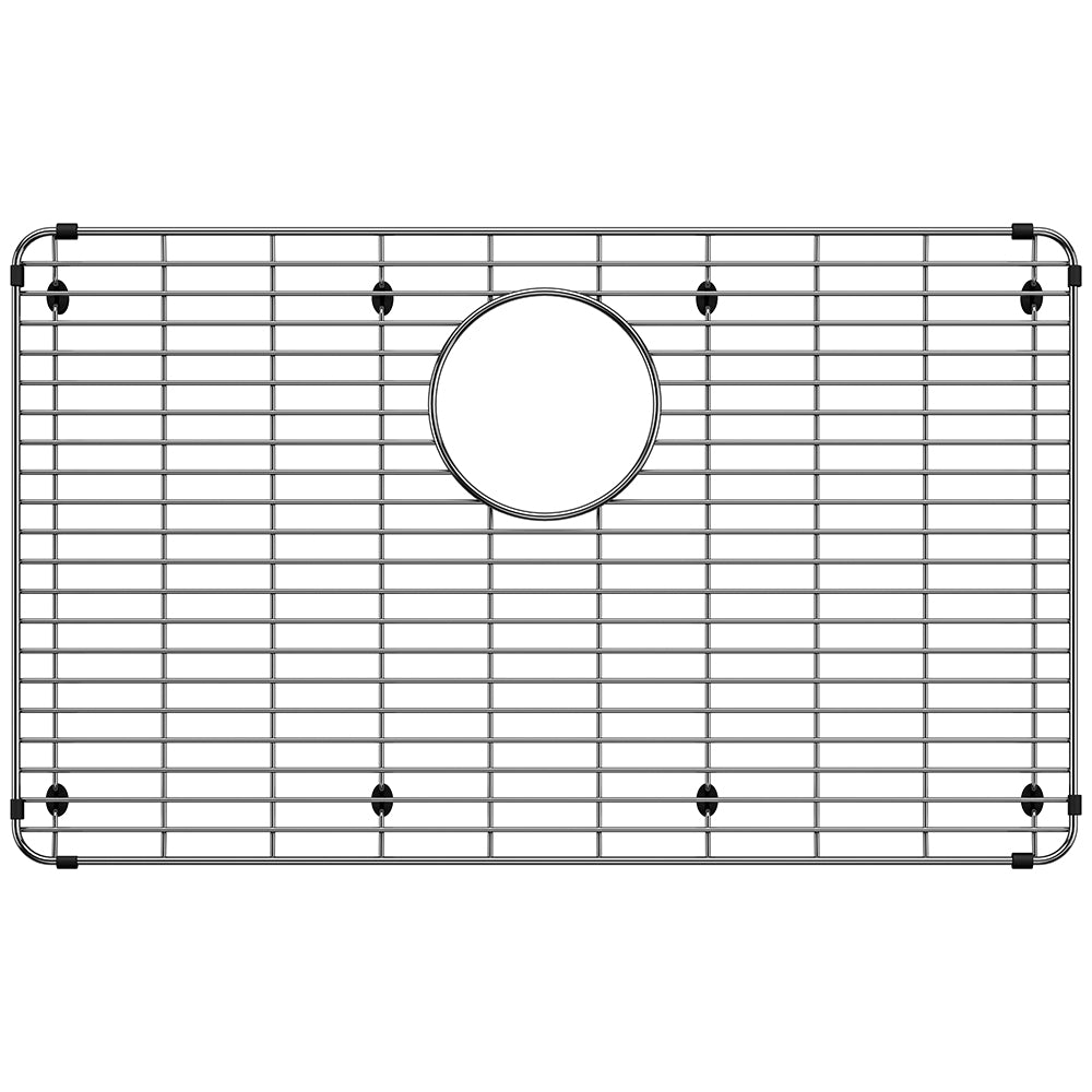 Stainless steel sink grid with horizontal and vertical bars, circular drain opening, and corner mounting feet.