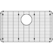 Stainless steel sink grid with horizontal and vertical bars, circular drain opening, and corner mounting feet.