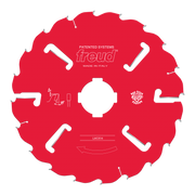 Red circular saw blade with multiple teeth around perimeter, white center hole, and Freud branding on red body.