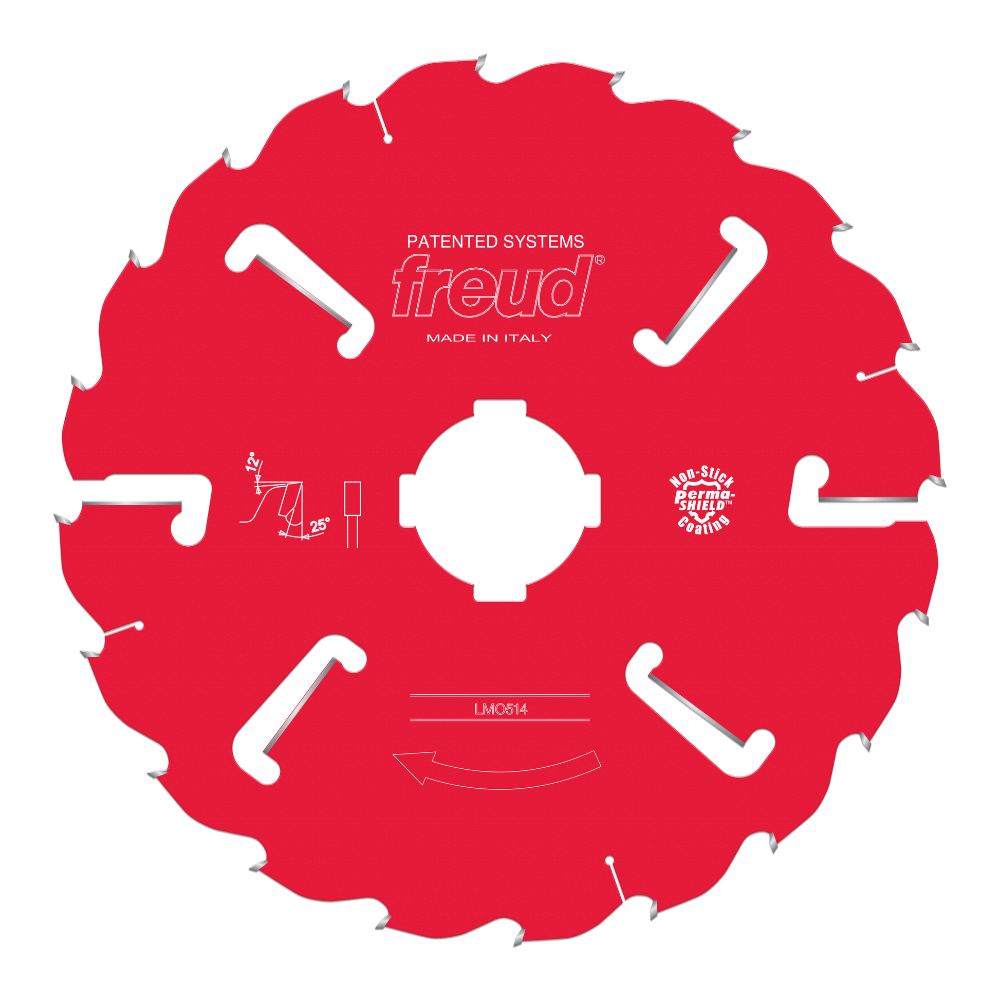 Red circular saw blade with multiple teeth around perimeter, white center hole, and Freud branding on red body.