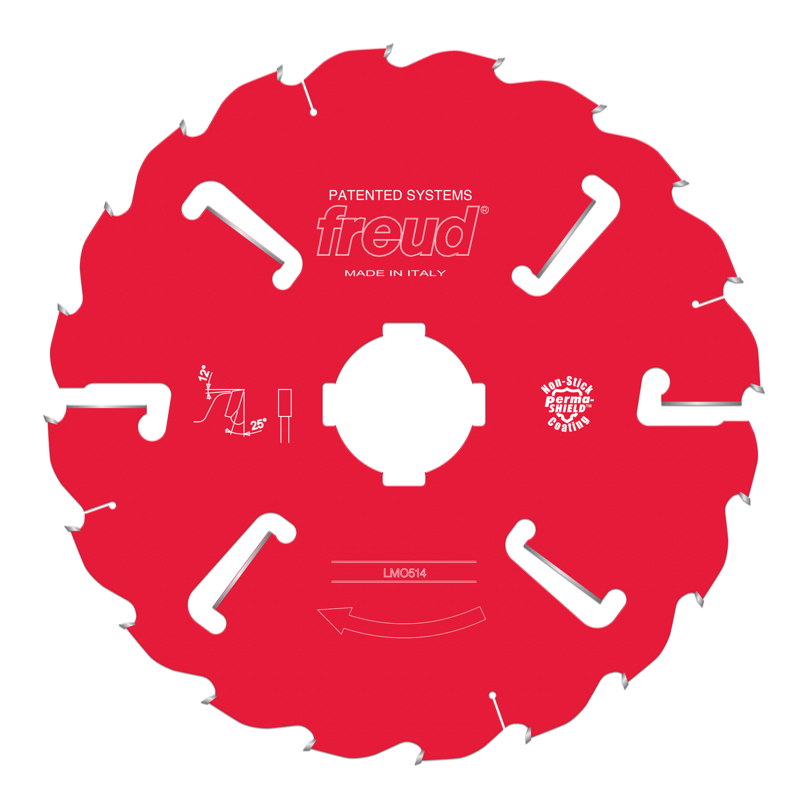 Red circular saw blade with multiple teeth around perimeter, white center hole, and Freud branding on red body.