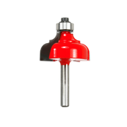 Red and black classical cove and round router bit with silver shank and metal bearing collar.