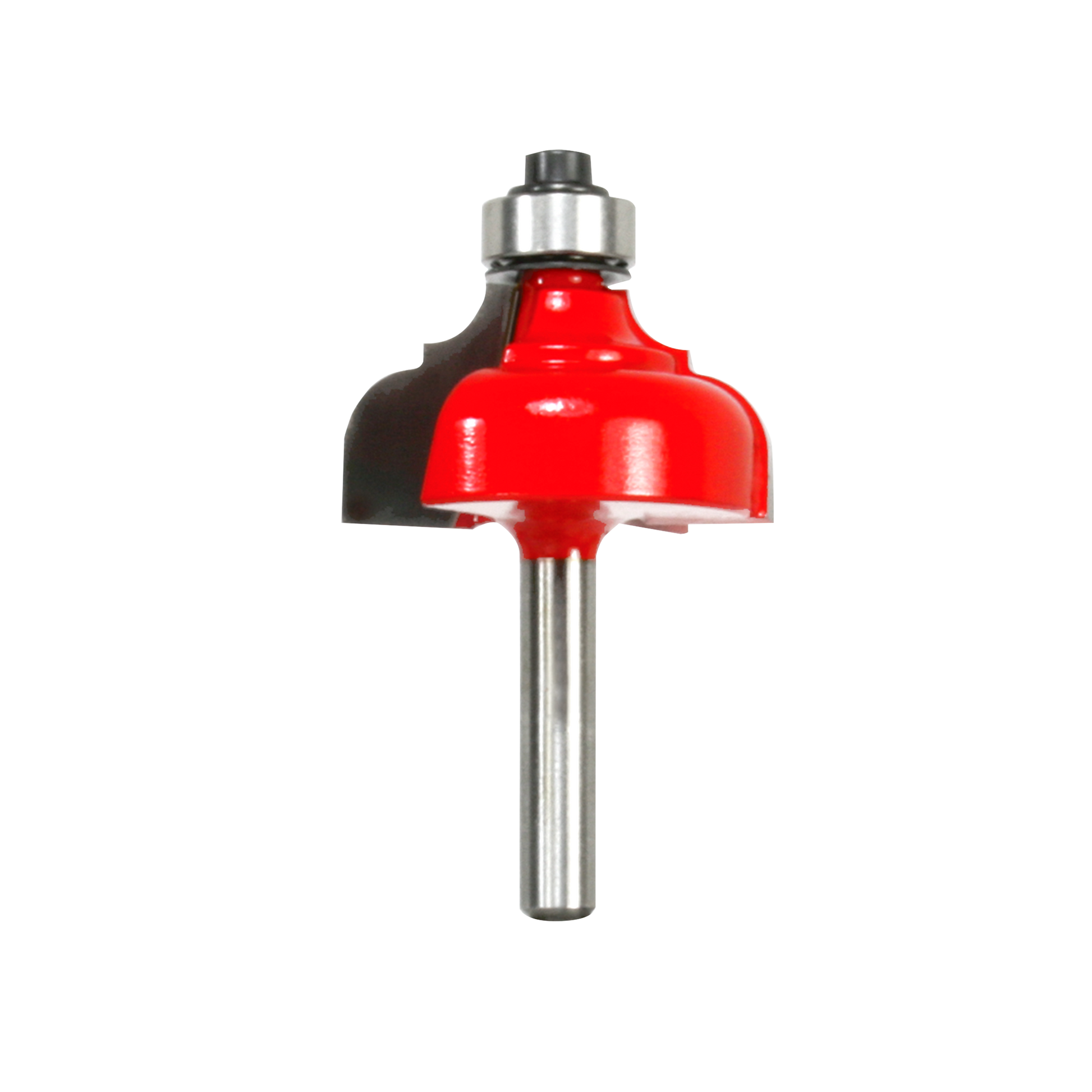Red and black classical cove and round router bit with silver shank and metal bearing collar.
