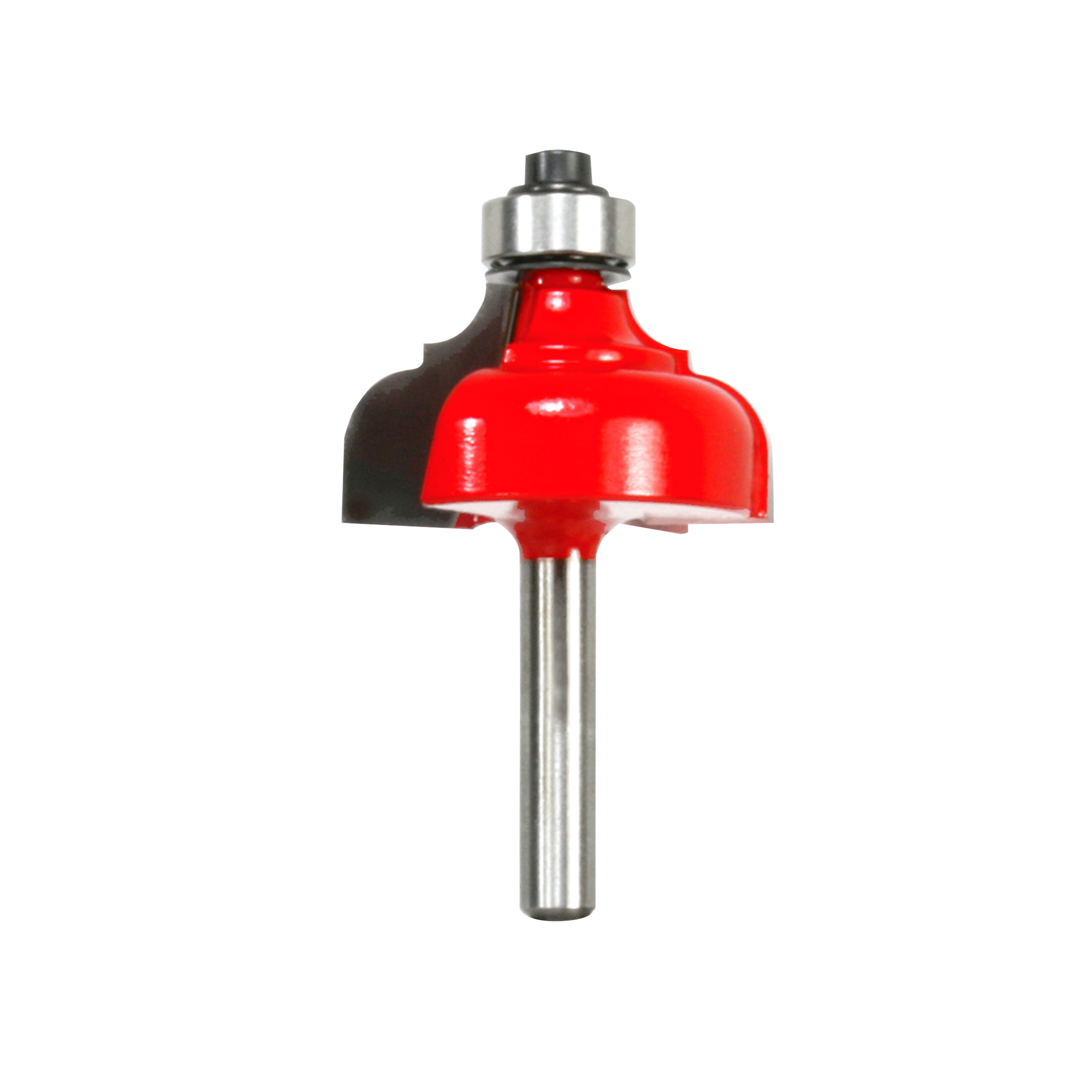 Red and black classical cove and round router bit with silver shank and metal bearing collar.