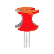 Red and gray half-round router bit with cylindrical shank and curved cutting head.