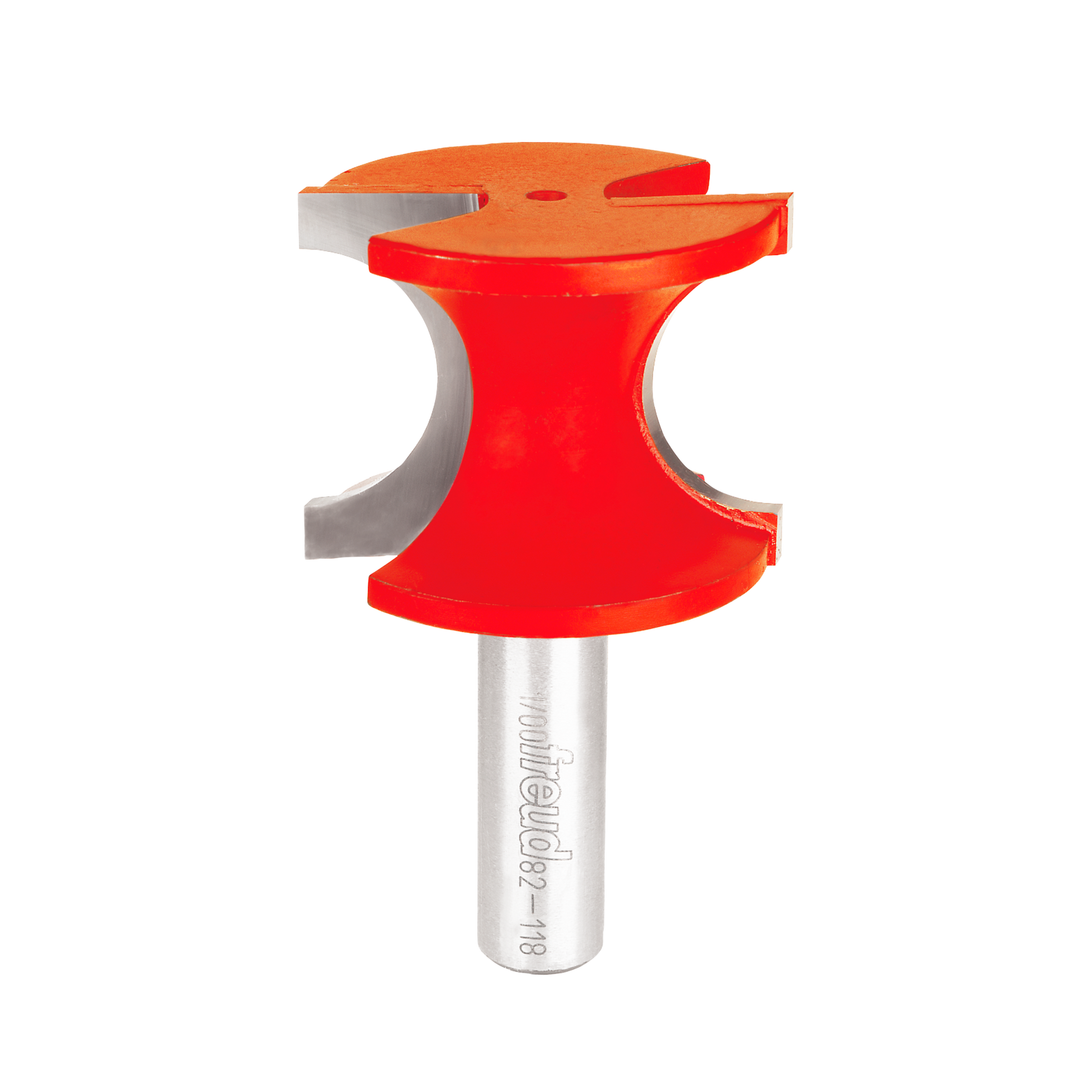 Red and gray half-round router bit with cylindrical shank and curved cutting head.