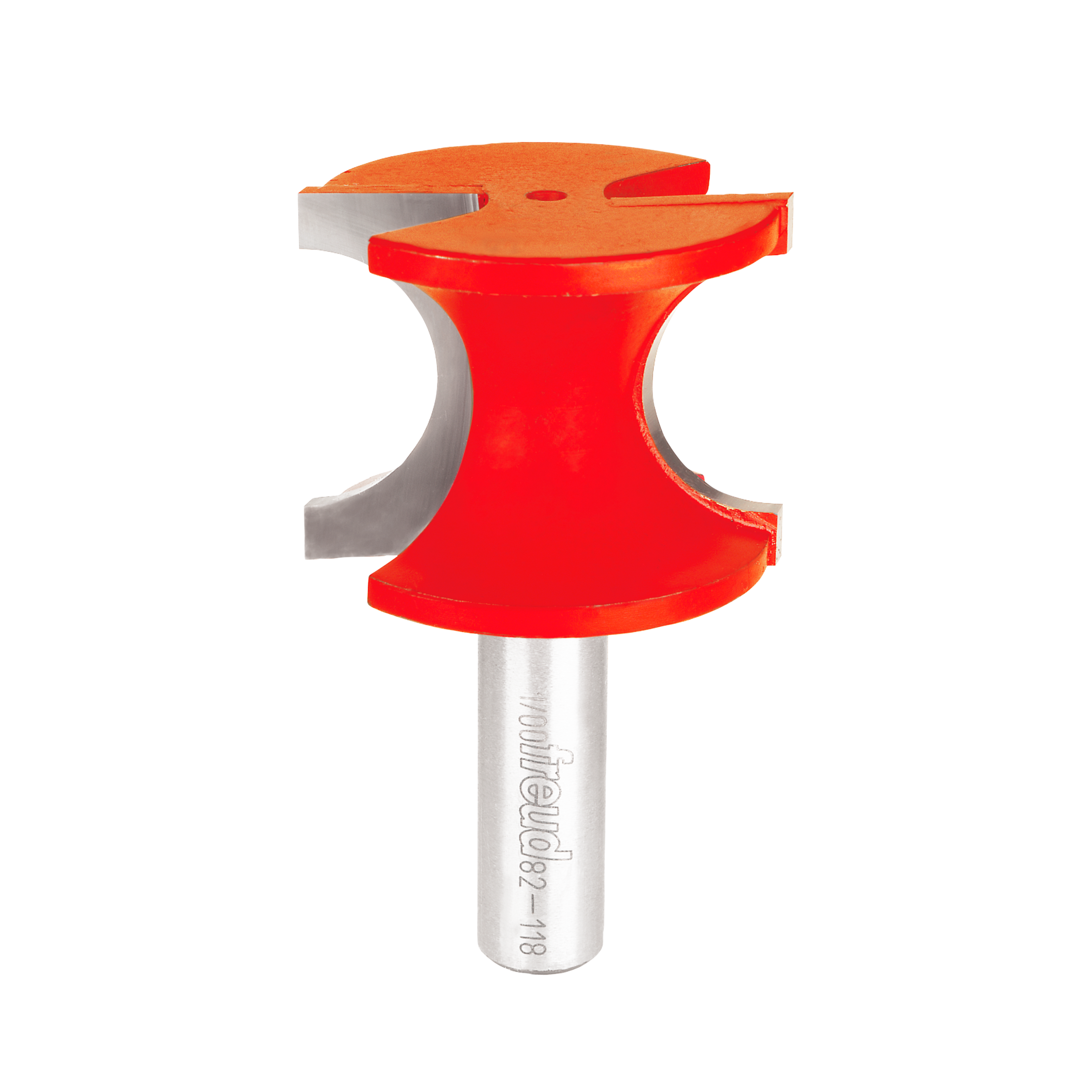 Red and gray half-round router bit with cylindrical shank and curved cutting head.