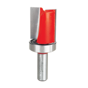 Router bit with red cutting head, silver bearing ring, and metal shank labeled Freud.