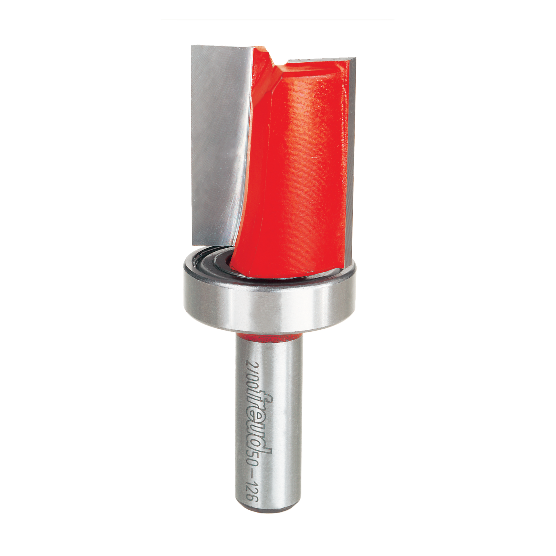 Router bit with red cutting head, silver bearing ring, and metal shank labeled Freud.