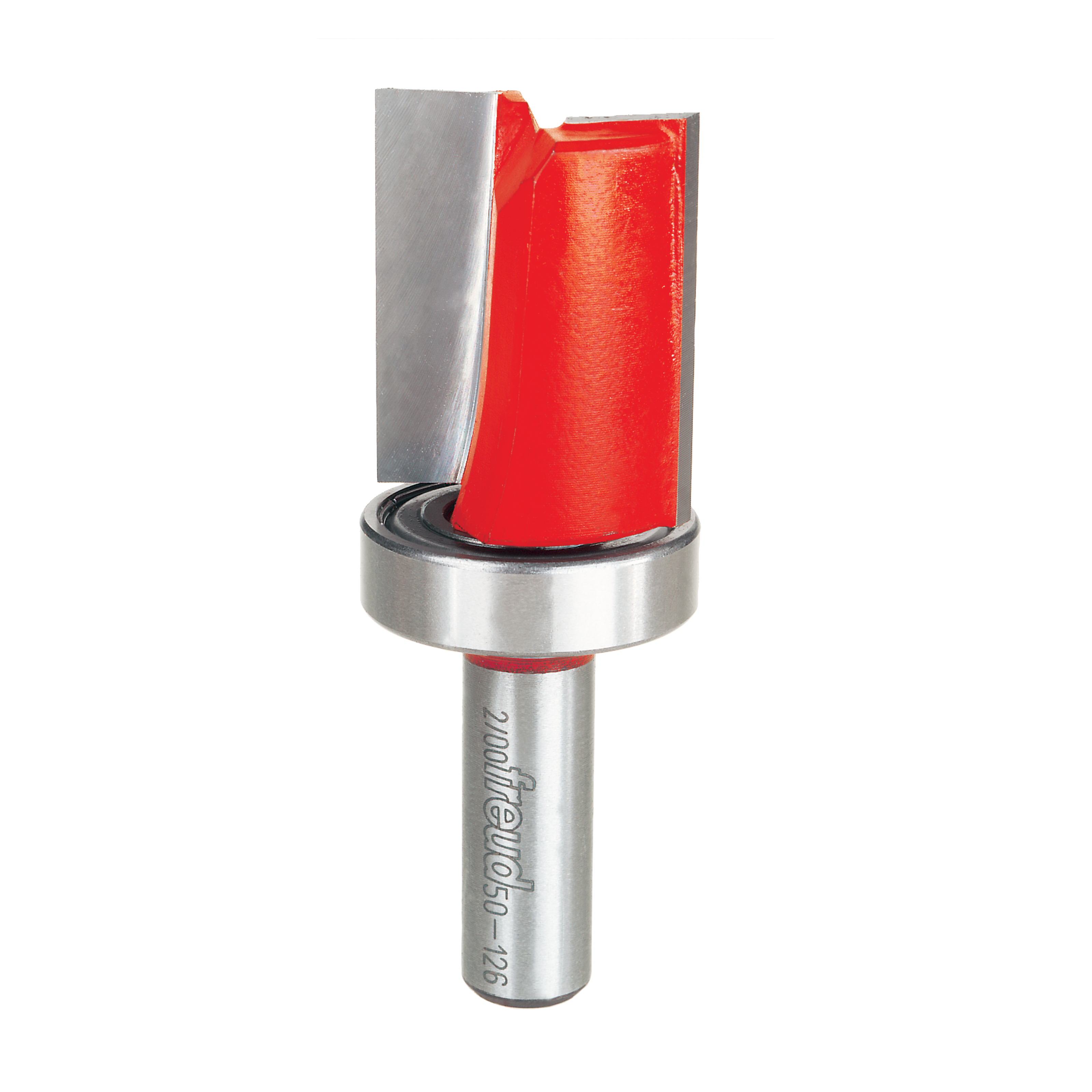 Router bit with red cutting head, silver bearing ring, and metal shank labeled Freud.