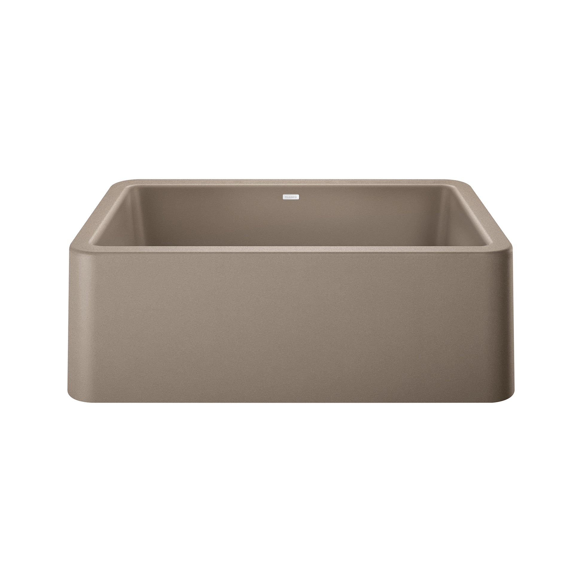 Truffle-colored single bowl farmhouse sink with apron front and rounded corners.