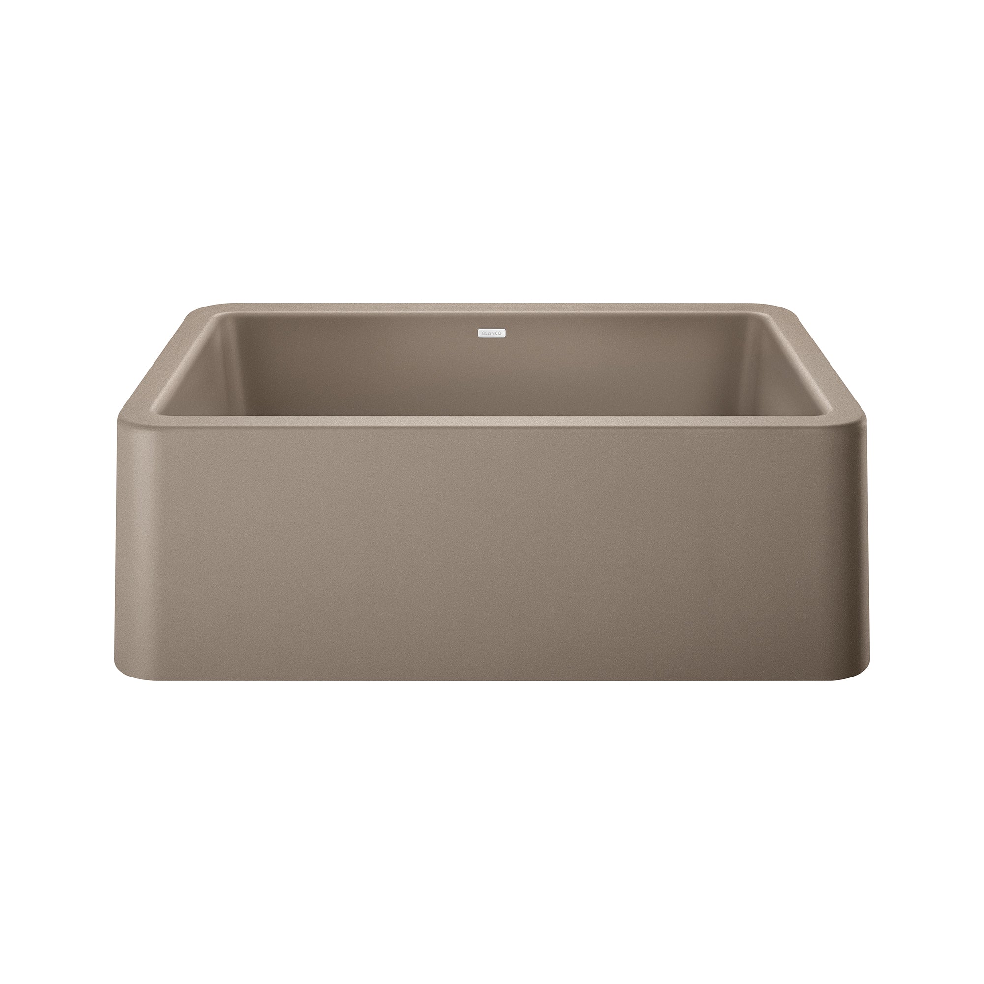 Truffle-colored single bowl farmhouse sink with apron front and rounded corners.