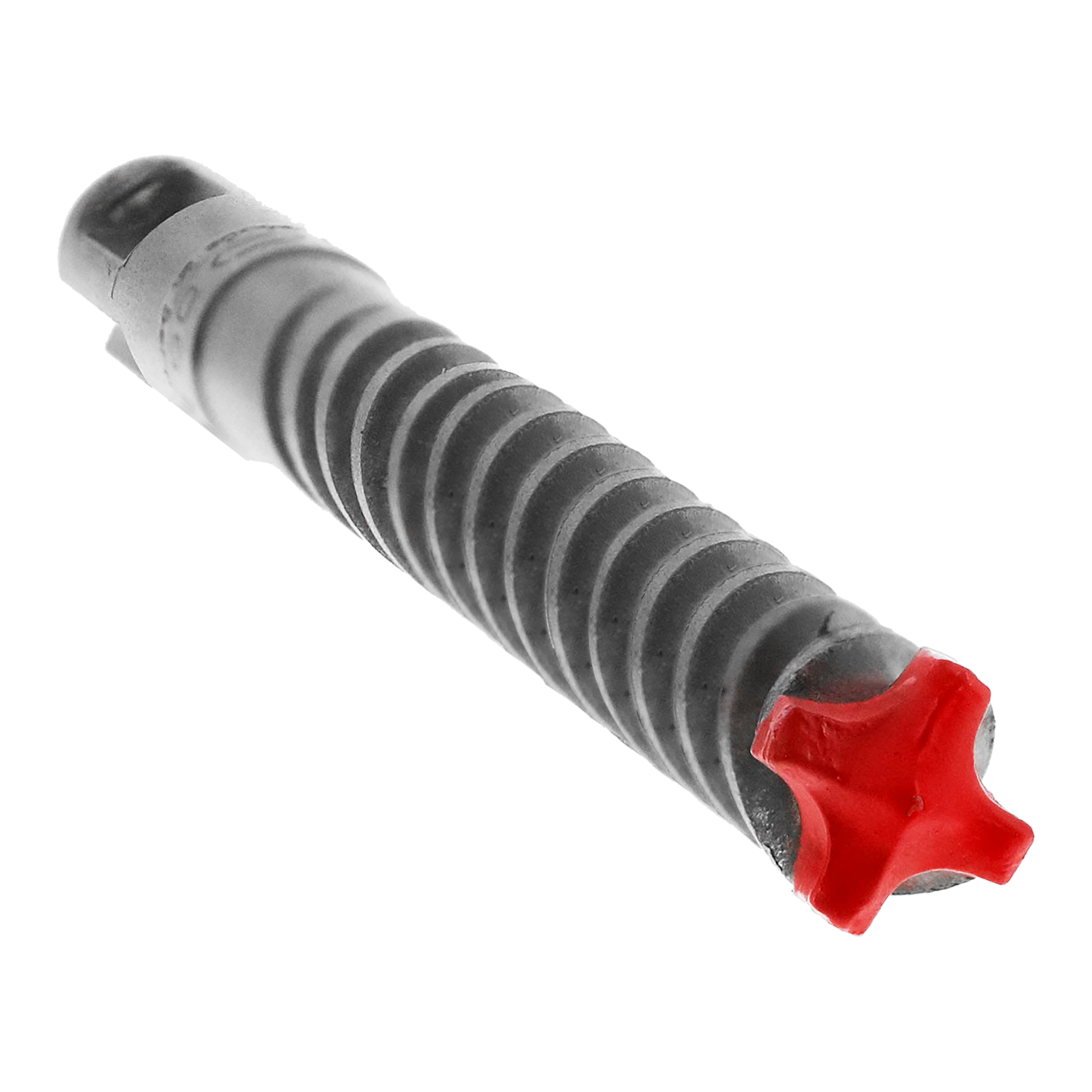 SDS-Plus hammer drill bit with gray spiraled shaft, red carbide 4-cutter head, and black grip sleeve.