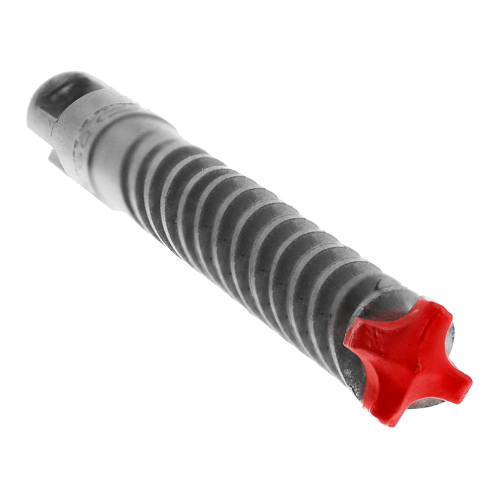 SDS-Plus hammer drill bit with gray fluted shaft, red carbide cutter head, and black grip sleeve.