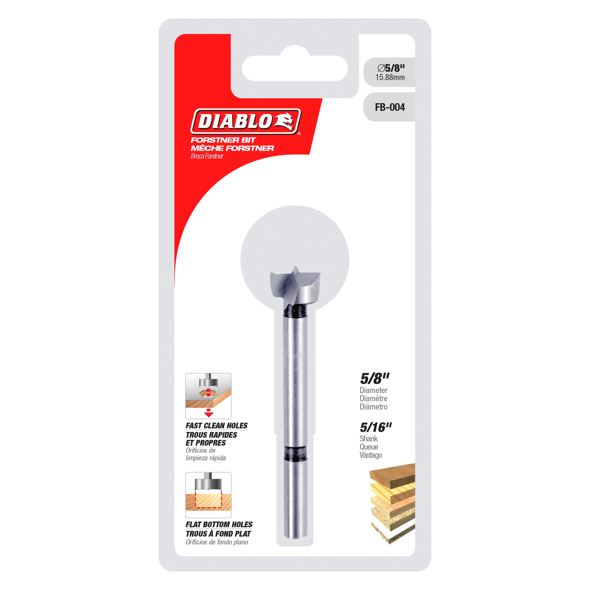 Diablo 5/8 in. Forstner bit with silver cylindrical shank and dark cutting head on retail packaging.