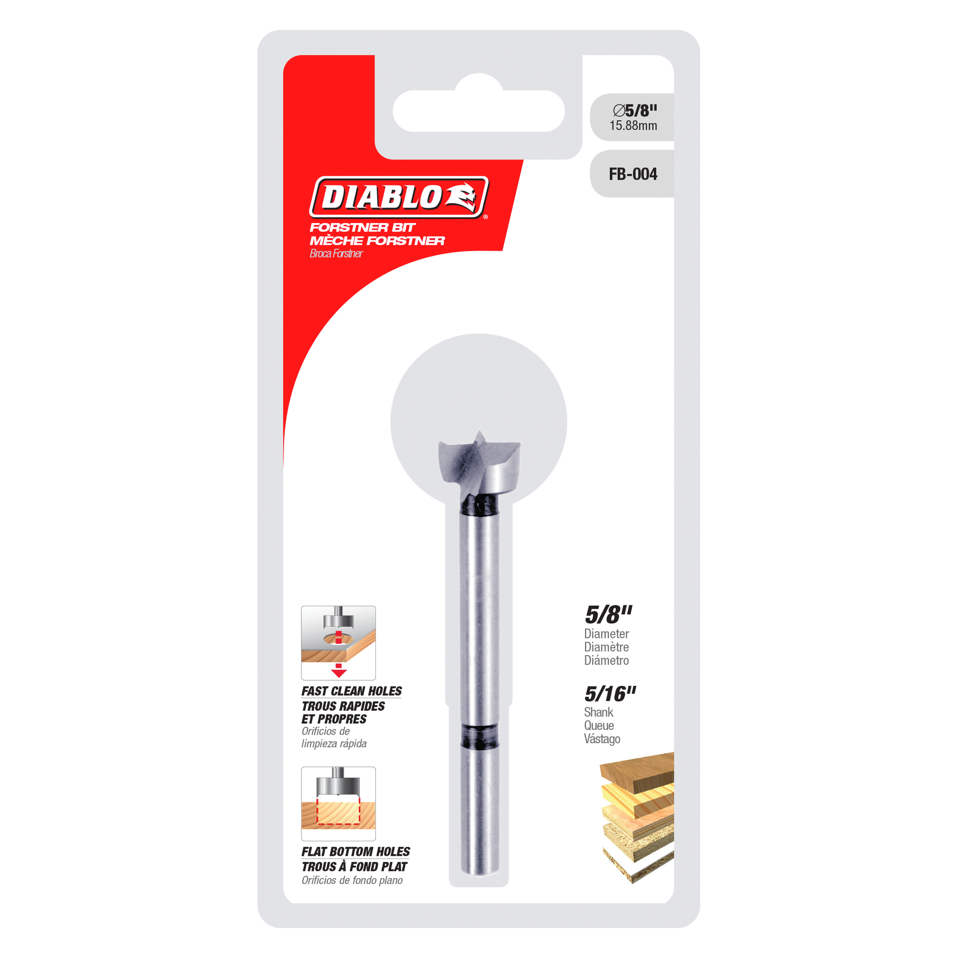 Diablo 5/8 in. Forstner bit with silver cylindrical shank and dark cutting head on retail packaging.