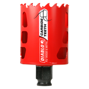 Red carbide-tipped holesaw with jagged cutting edge and black shank, labeled for wood and metal cutting.