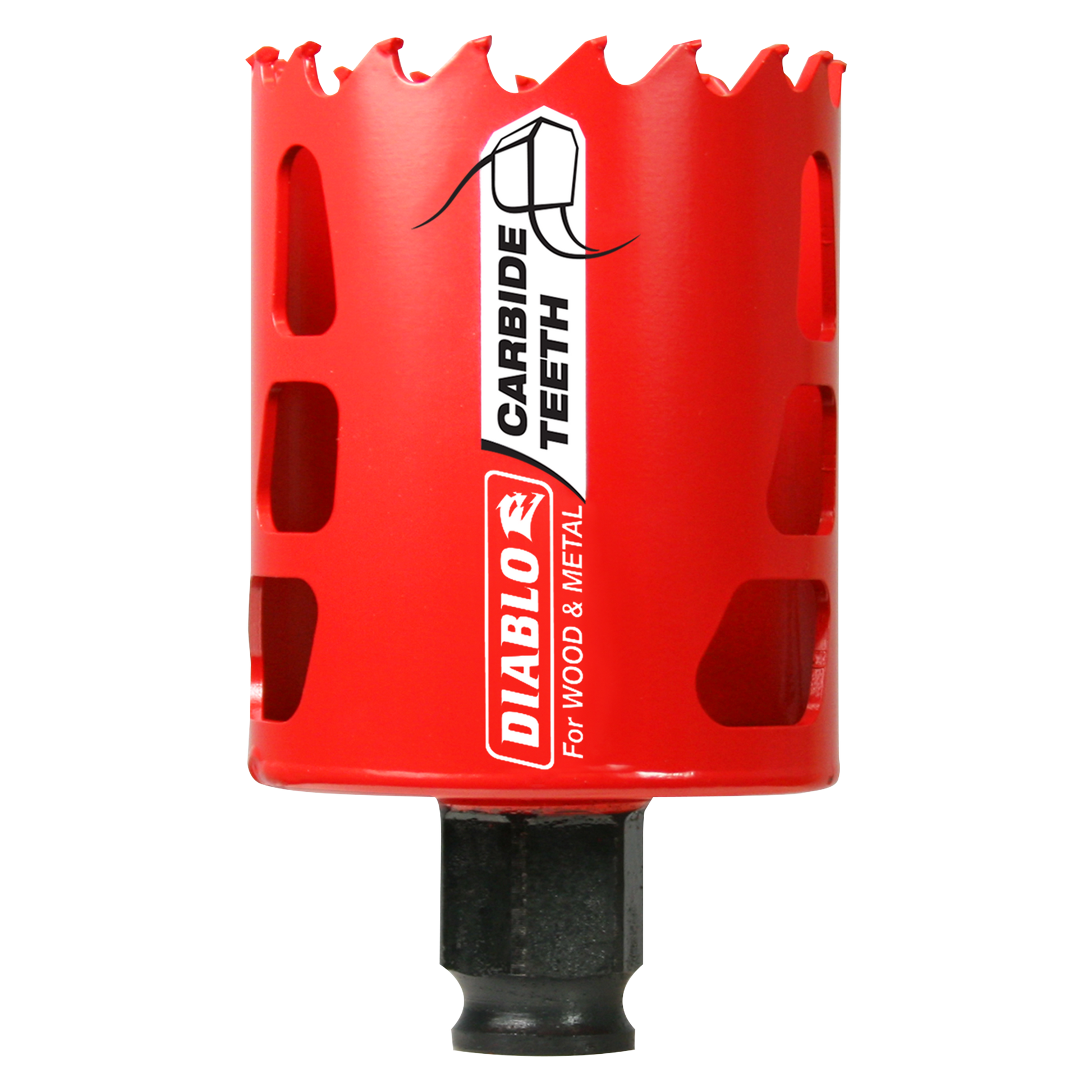 Red carbide-tipped holesaw with jagged cutting edge and black shank, labeled for wood and metal cutting.
